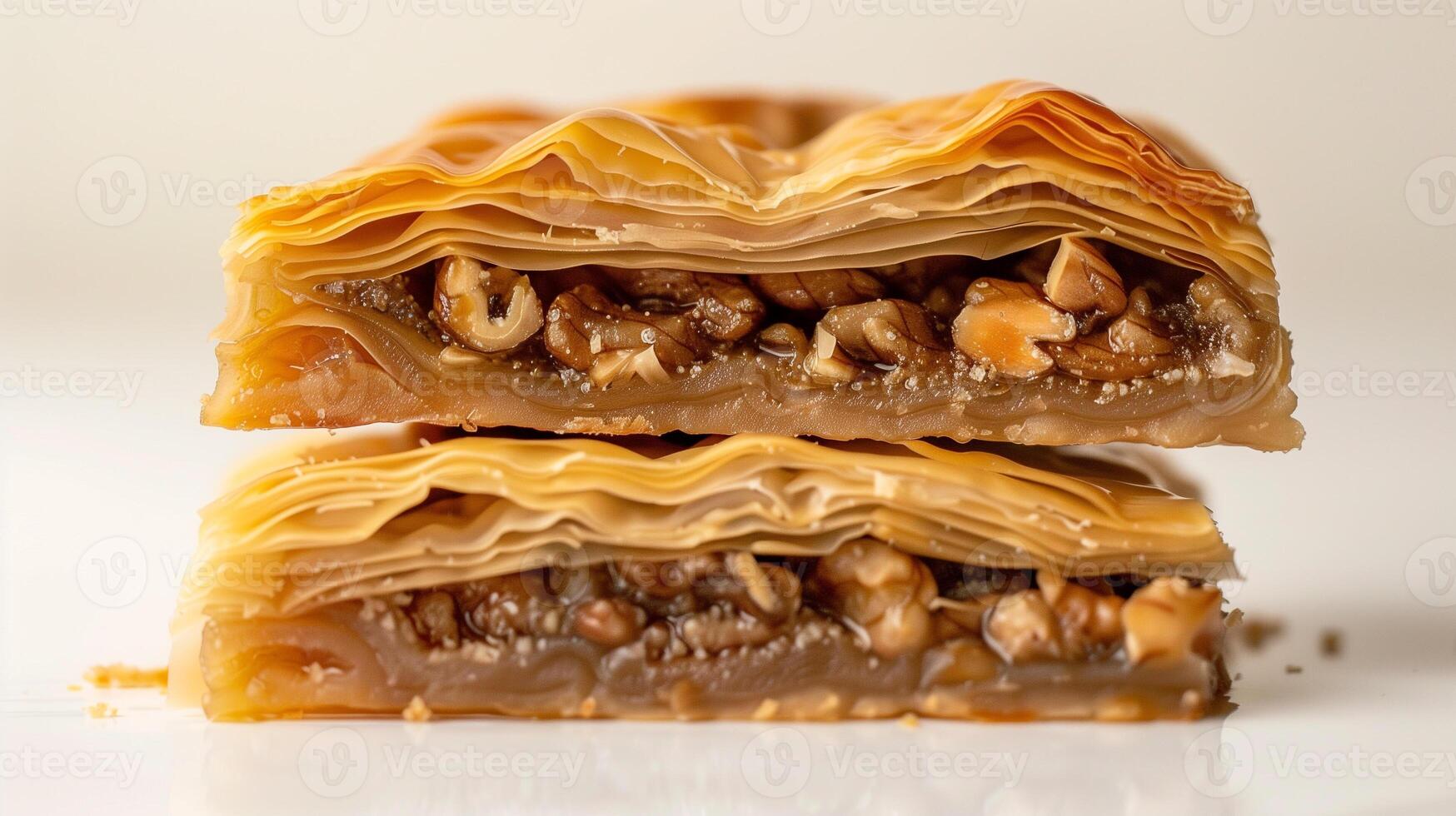 Cross-section view of baklava, showing pastry layers and sweet nut filling, food photography photo