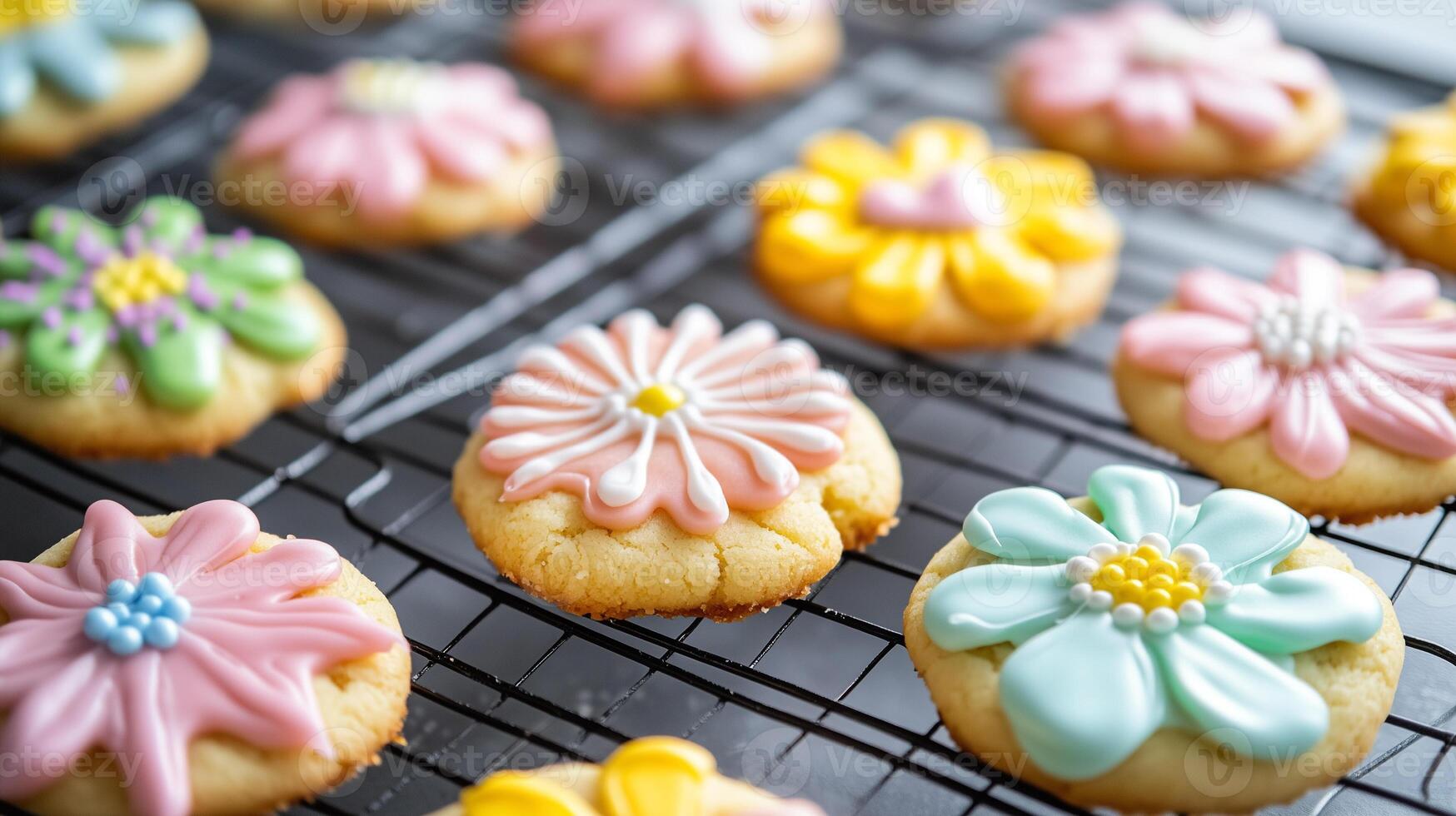 Cooling rack holding vegan sugar cookies, with some decorated with colorful icing, culinary photography photo