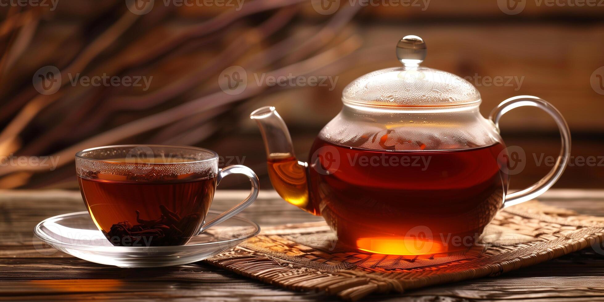 Cup of black tea beside a teapot, both with dark amber liquid, food photography photo