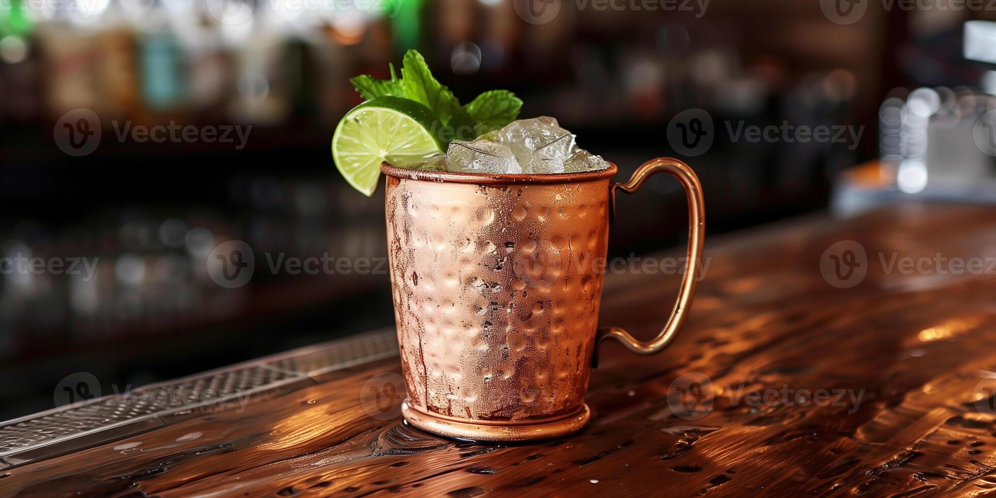 Copper mug with ice, clear liquid, lime wedge on rim, mint leaves, food photography photo