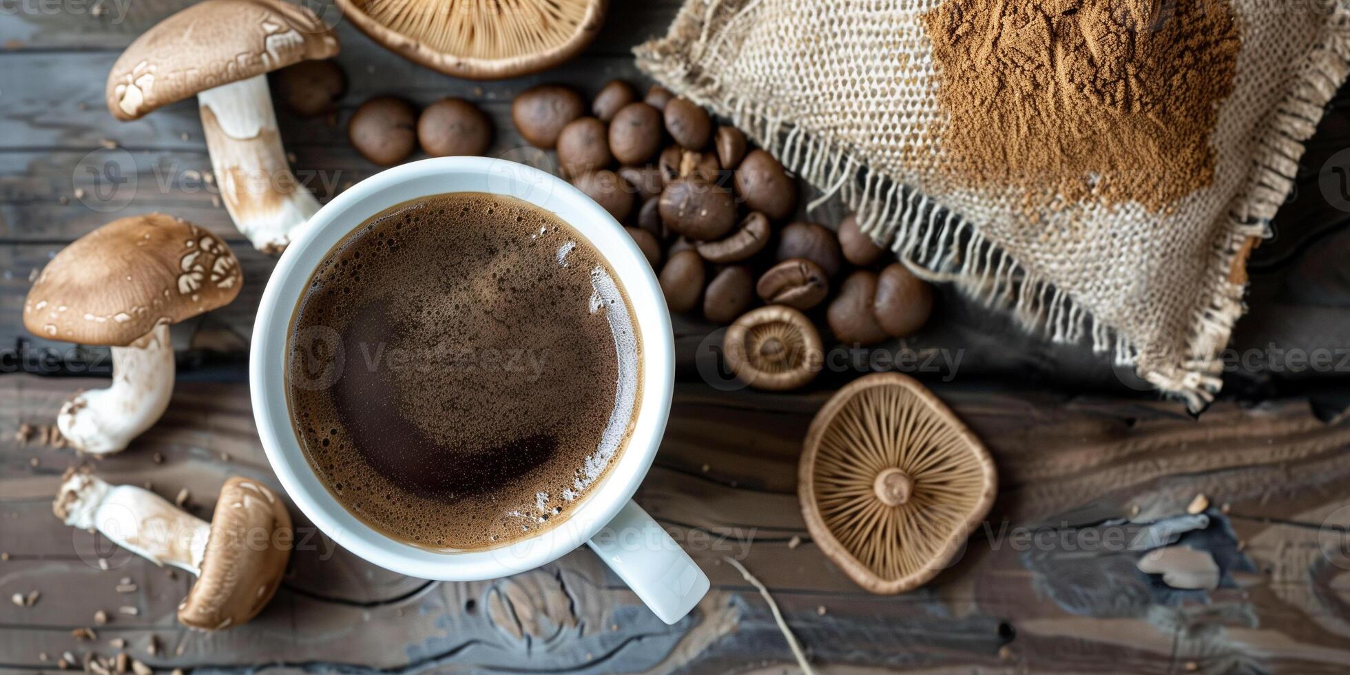 Cup of dark mushroom coffee next to bag of mushroom powder on wooden table, food photography photo