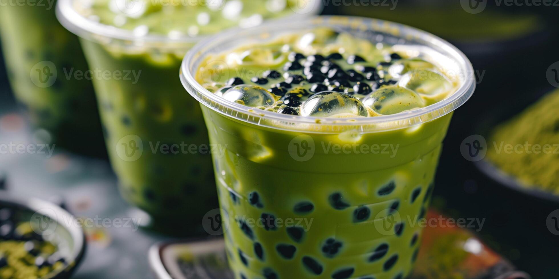 Cup of matcha-flavored drink with black tapioca pearls, sealed with a plastic film, food photography photo