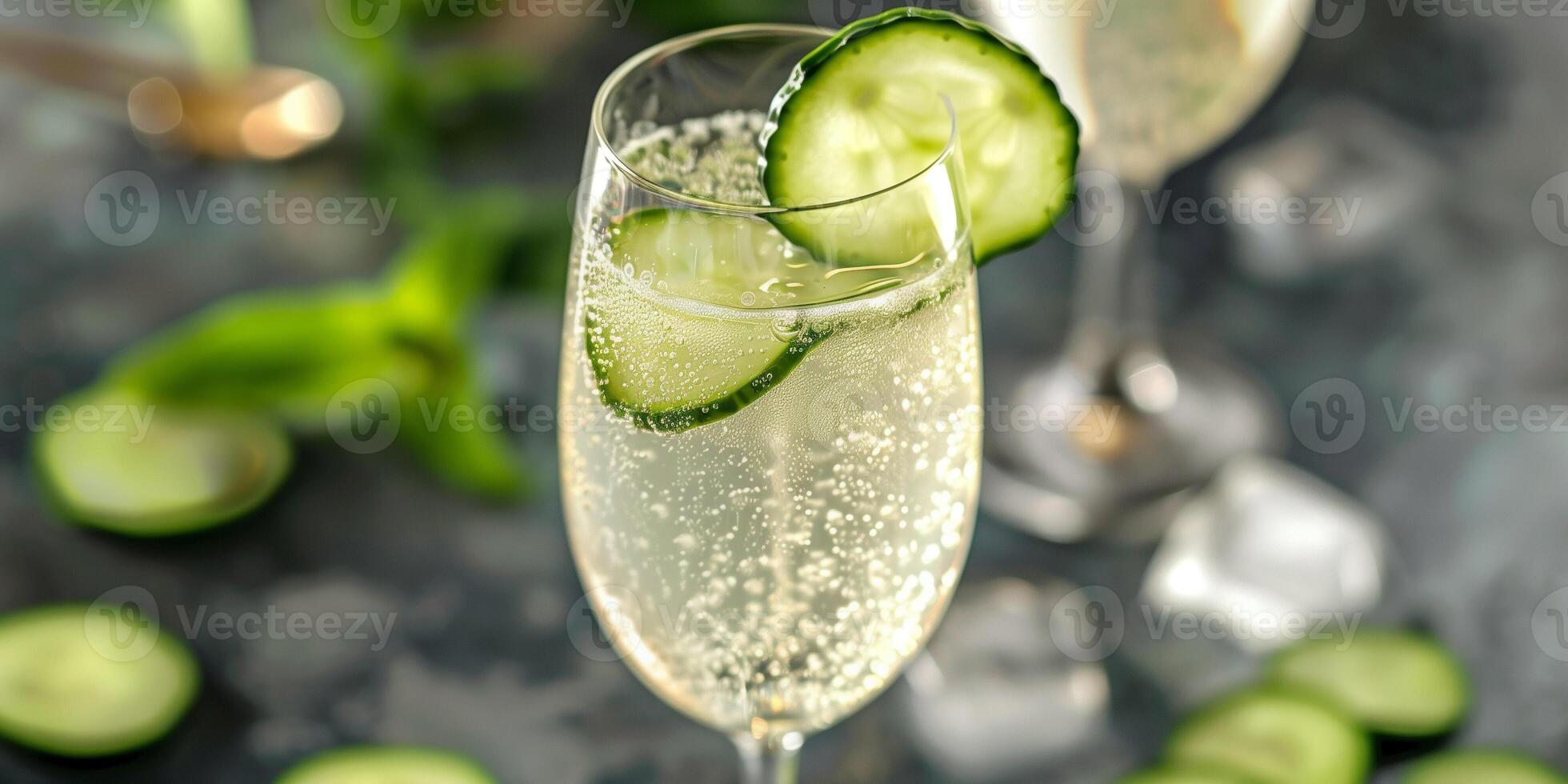 Flute glass with light sparkling drink and cucumber slice, food photography photo