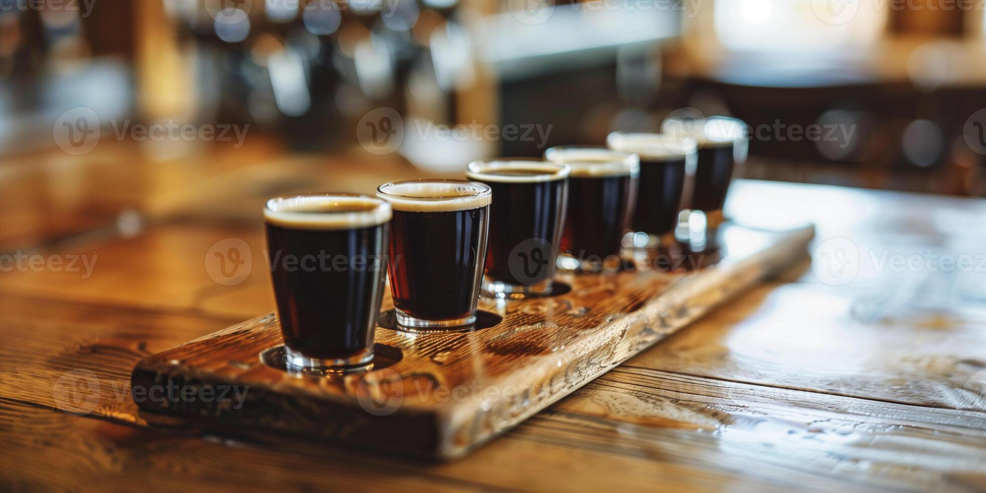 Flight of stout beers in small tasting glasses, lined up on a wooden board, food photography photo