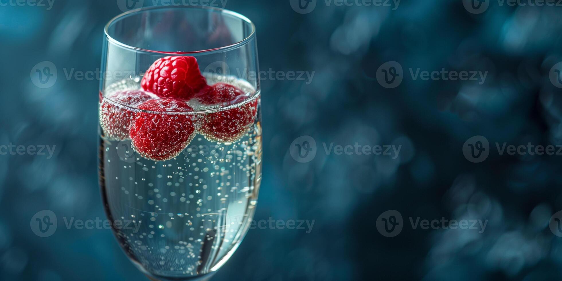 Flute glass with clear liquid and a single raspberry floating on top, food photography photo