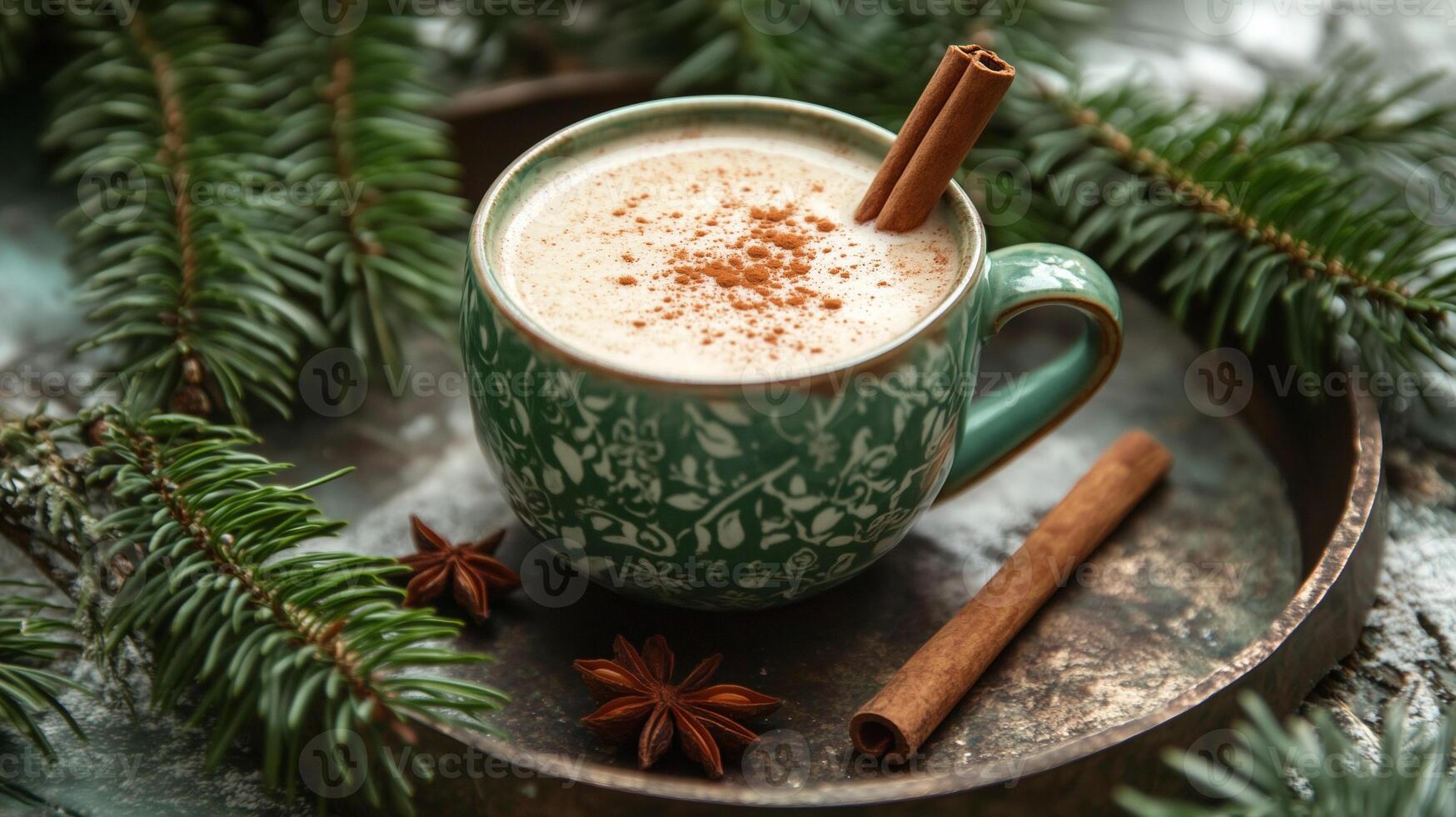 Cup of warm drink on a tray with a cinnamon stick and evergreen branches, culinary photography photo
