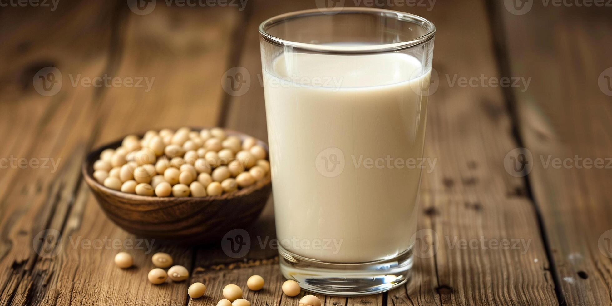 Glass of soy milk placed on a wooden table next to a small bowl of soybeans, culinary photography photo