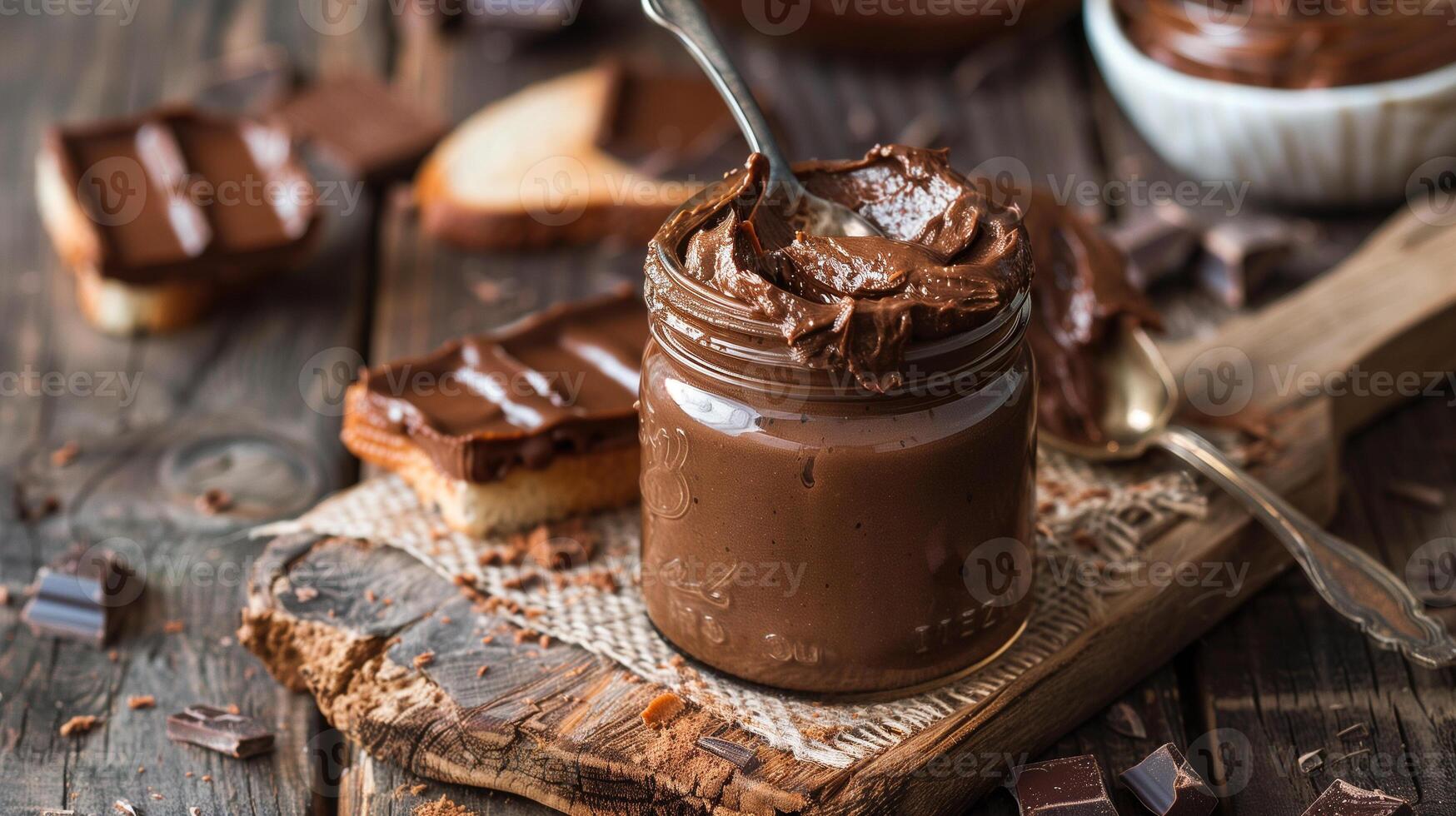 Jar of cocoa spread with metal spoon and piece of toast on wooden table, culinary photography photo
