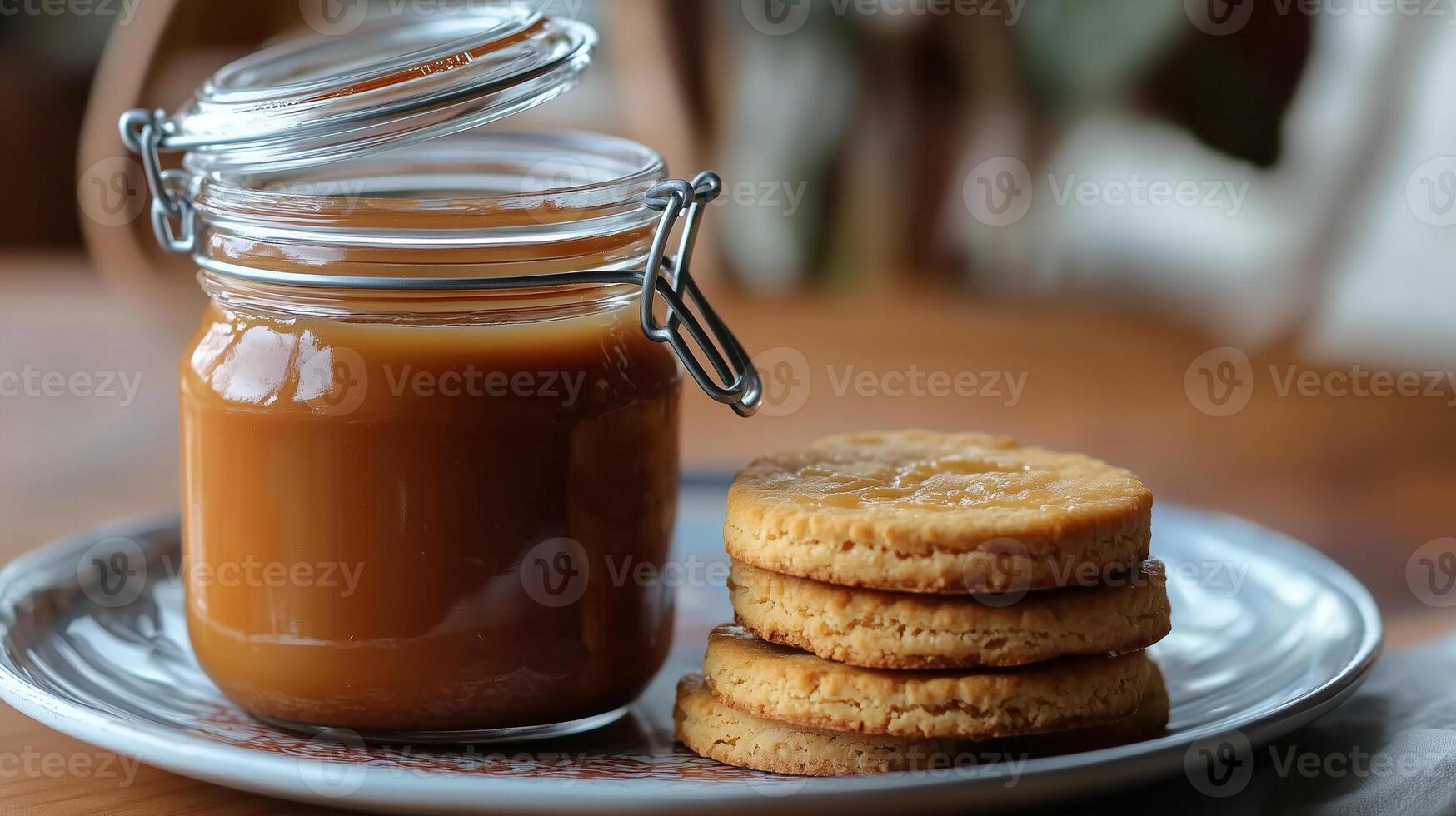Jar of dulce de leche with lid open next to a stack of plain biscuits on a plate, culinary photography photo