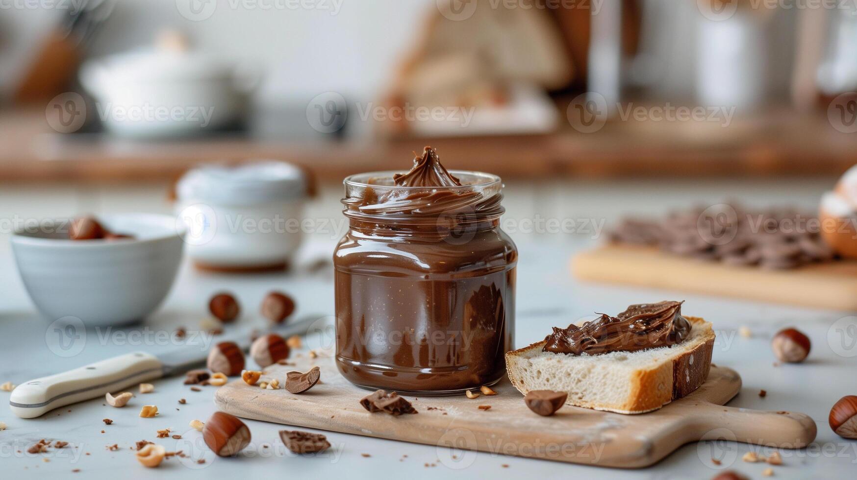 Jar of hazelnut spread with portion spread on toast on cutting board, culinary photography photo