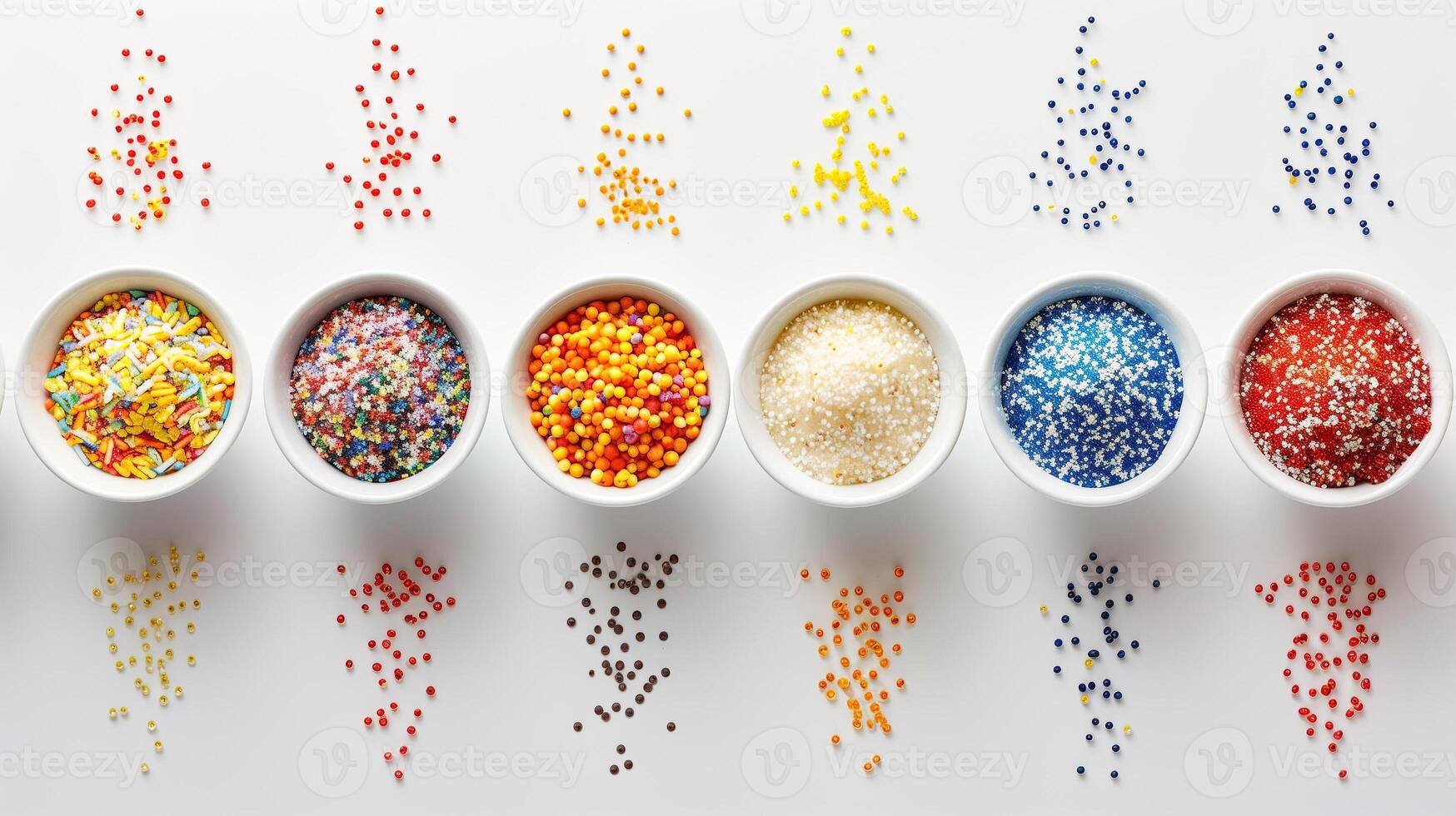 Neat row of small bowls containing different types of sprinkles arranged in a line, food photography photo