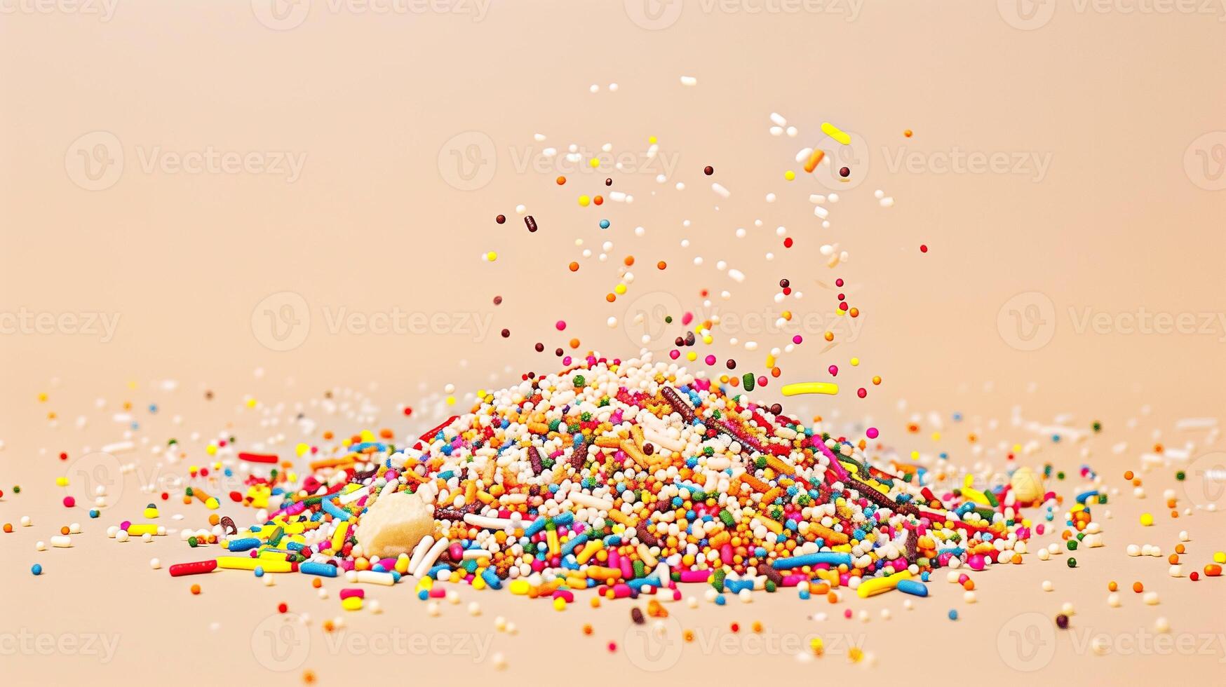 Pile of various sprinkles spilled over a plain, neutral-colored surface, food photography photo