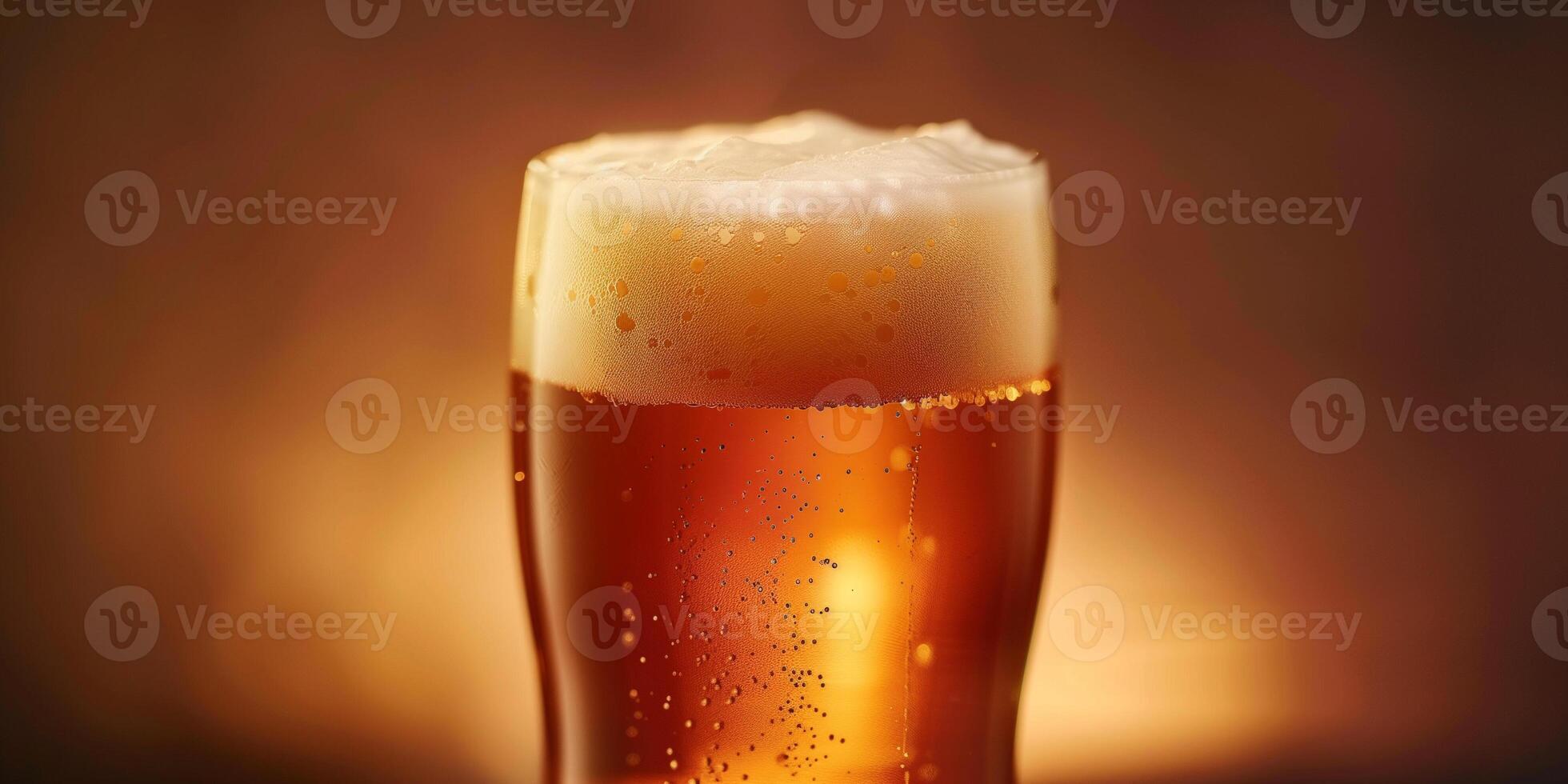 Pint glass filled with amber-colored craft beer, topped with a foamy white head, food photography photo
