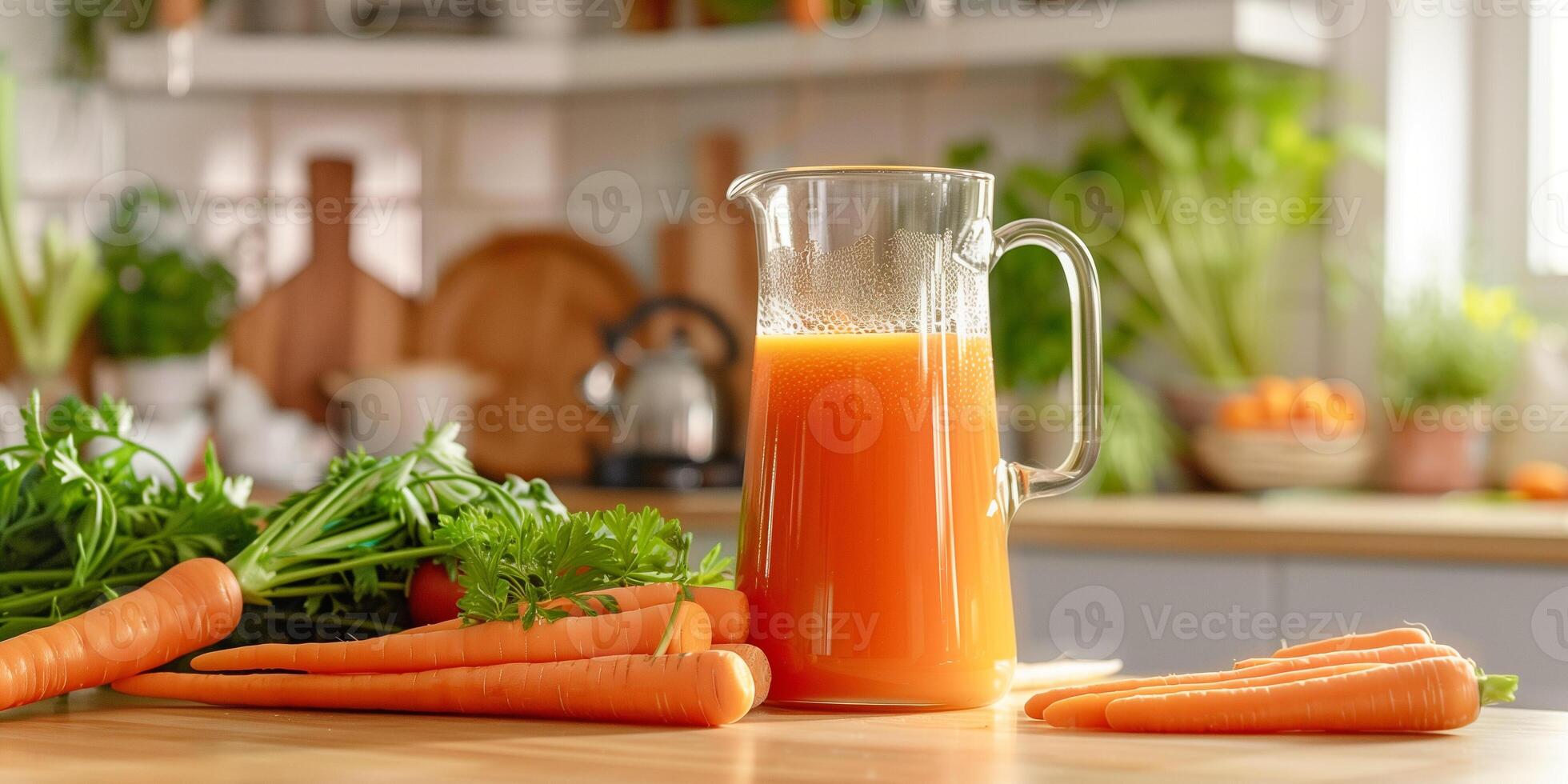 Pitcher of cold-pressed carrot juice on a kitchen island, surrounded by fresh carrots and carrot sticks, food photography photo