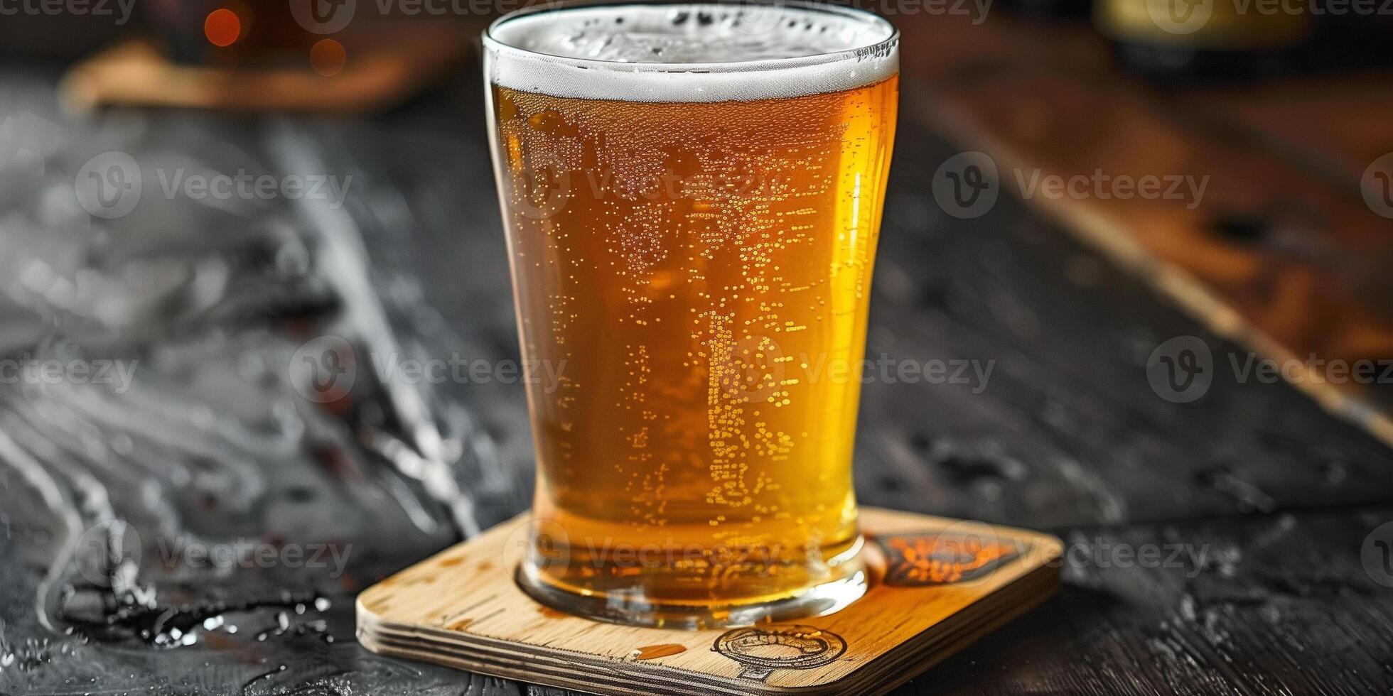 Pint glass filled with lager, bubbles rising to the surface, sitting on a coaster, food photography photo