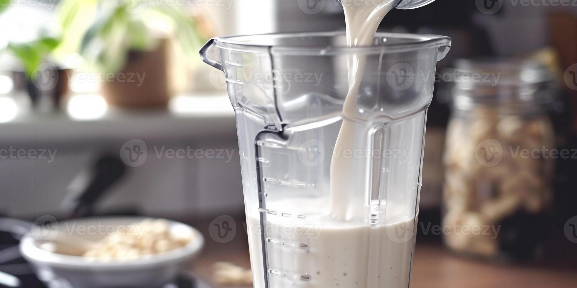 Almond milk being poured into a blender with visible ingredients ready for blending, food photography photo