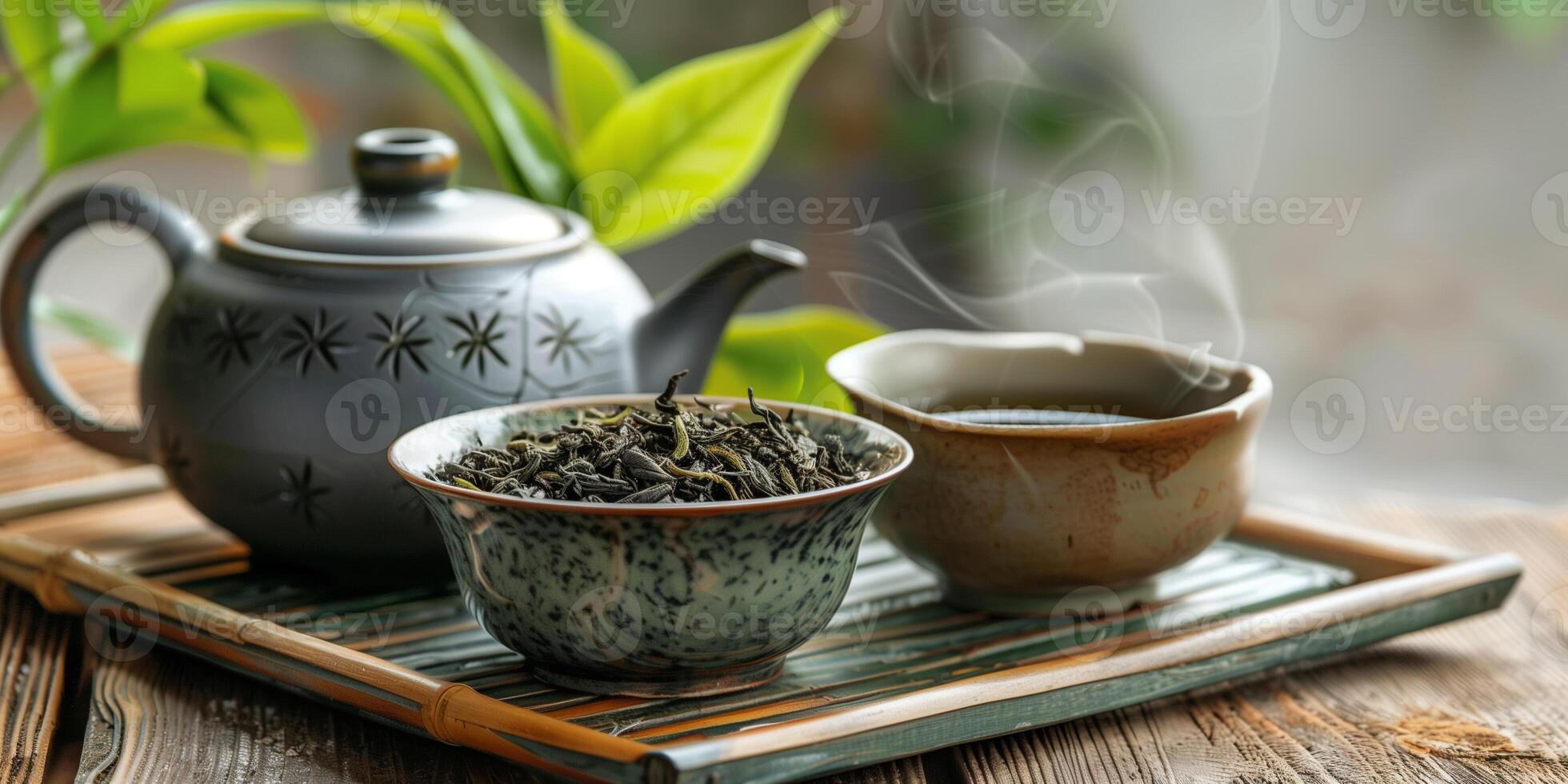 Arrangement of green tea leaves in a small ceramic dish next to a teapot, food photography photo