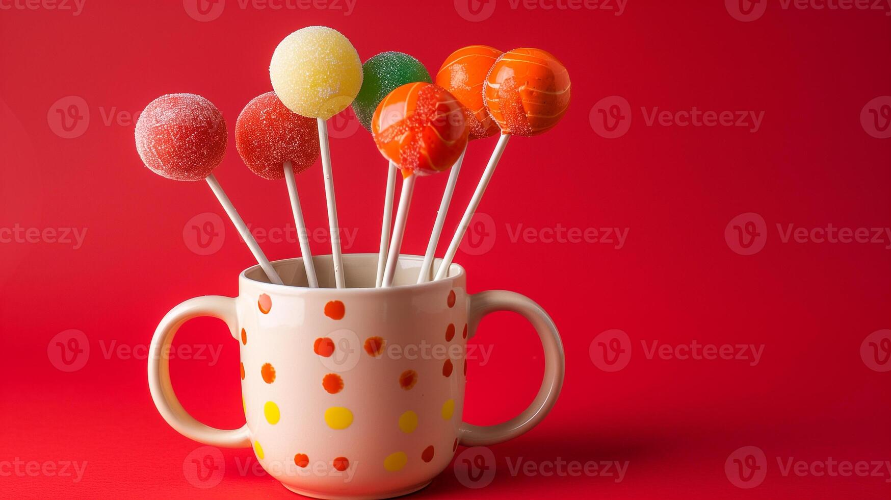 Arrangement of different colored lollipops on sticks in a ceramic mug, culinary photography photo
