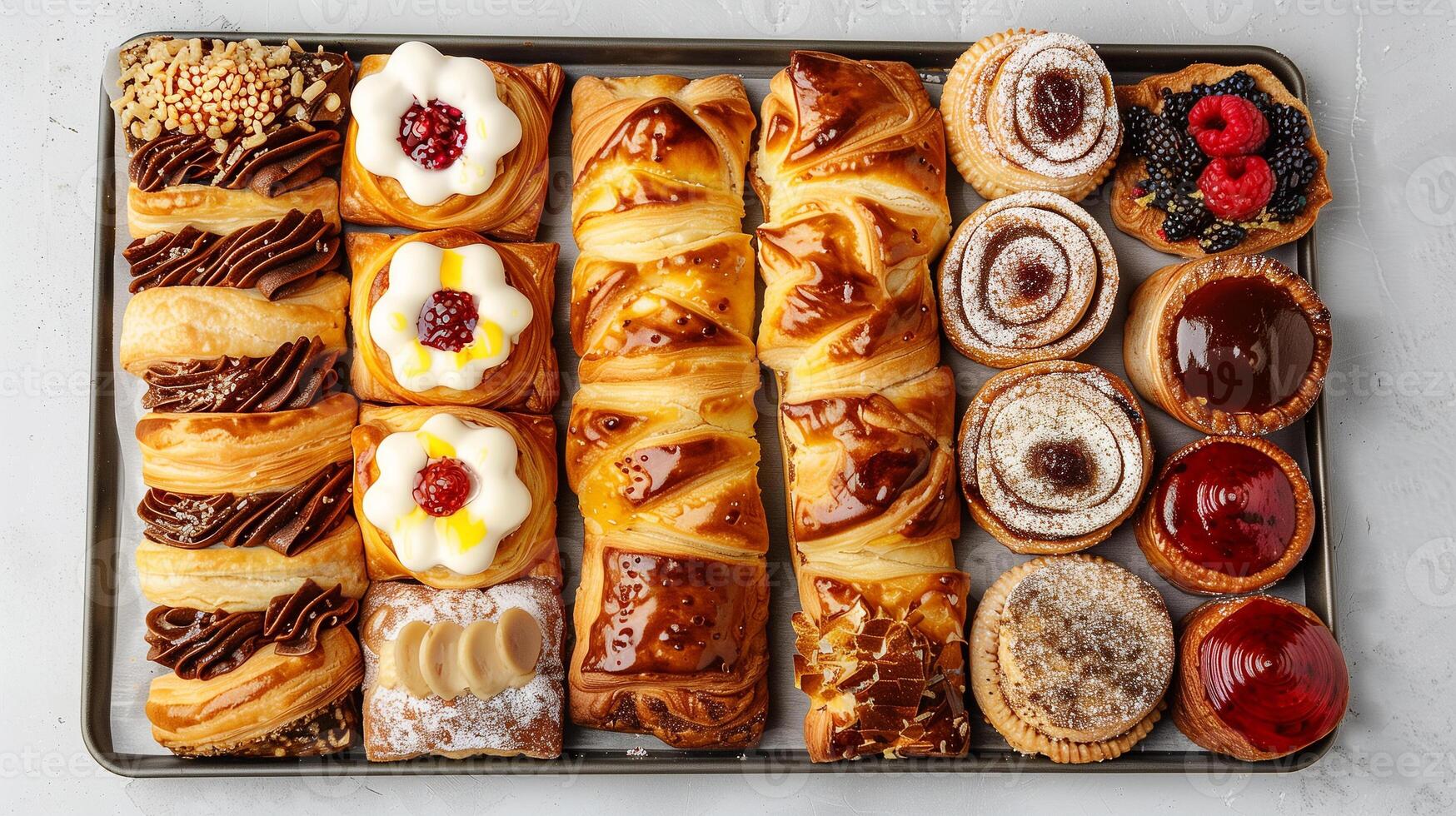 An assorted tray displaying various pastries, each with different shapes and fillings, food photography photo