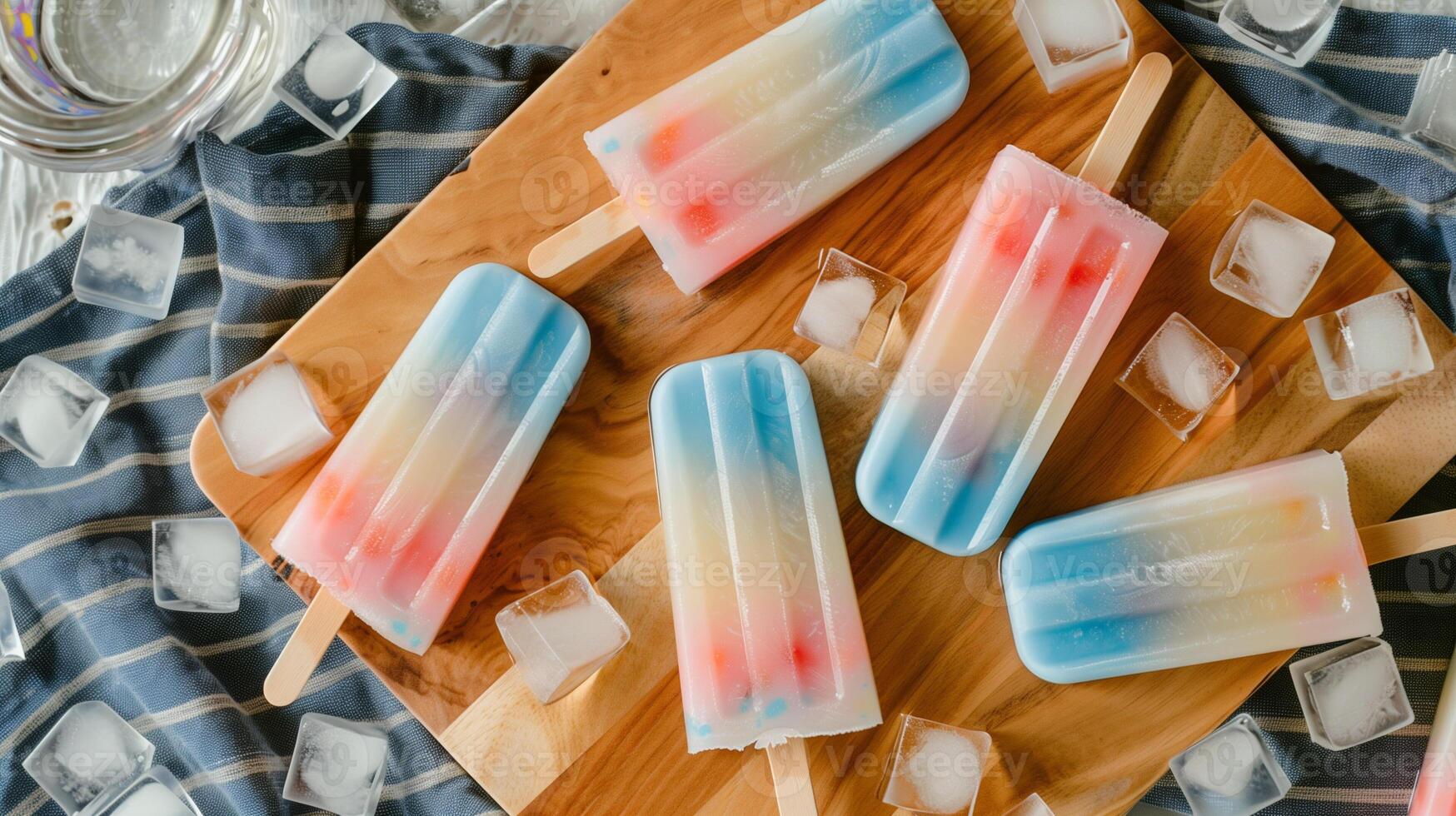 Array of ice pops with clear, layered stripes on a cutting board next to ice cubes, food photography photo