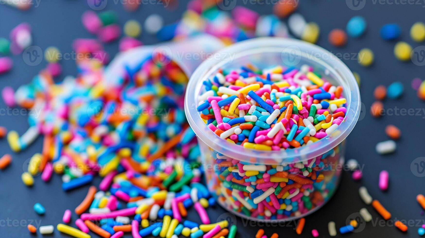 An open container of multicolored sprinkles, surrounded by scattered pieces, on a flat surface, culinary photography photo
