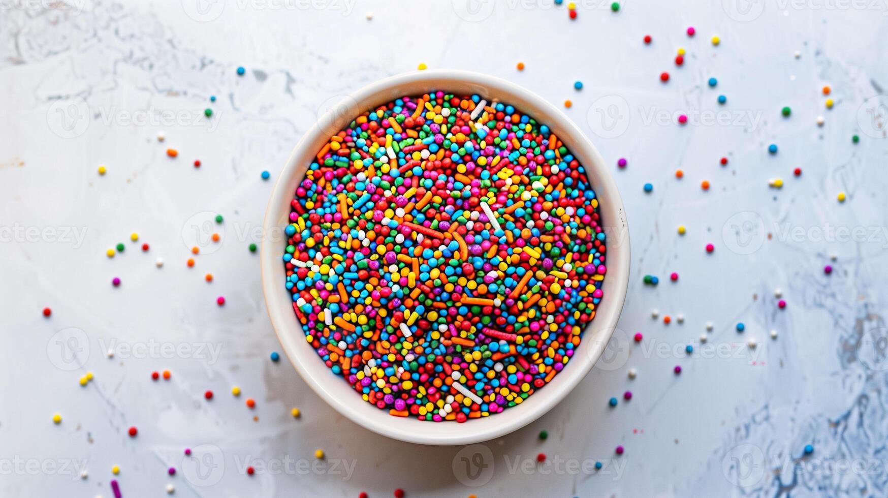 An overhead view of a bowl containing rainbow jimmies, centered on a white surface, culinary photography photo