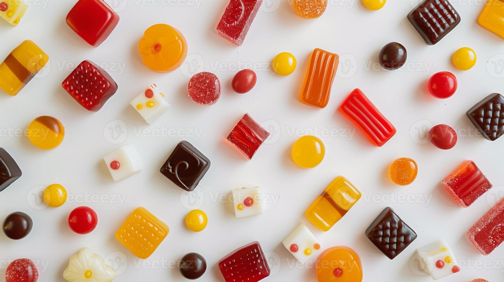 Assorted chewy candy pieces arranged in a neat pattern on a white background, showcasing various colors and shapes, culinary photography photo