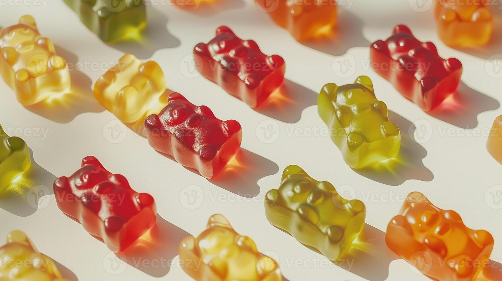 Assorted gummy bears in distinct colors placed randomly on a white surface, food photography photo