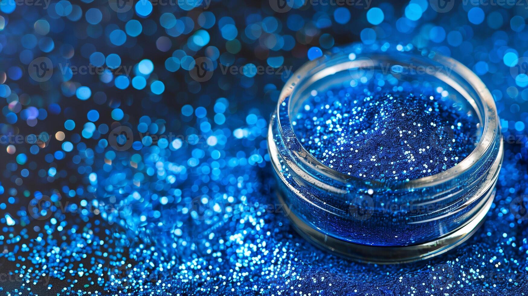 Close-up of glass container with blue edible glitter on smooth surface, gastronomy photography photo