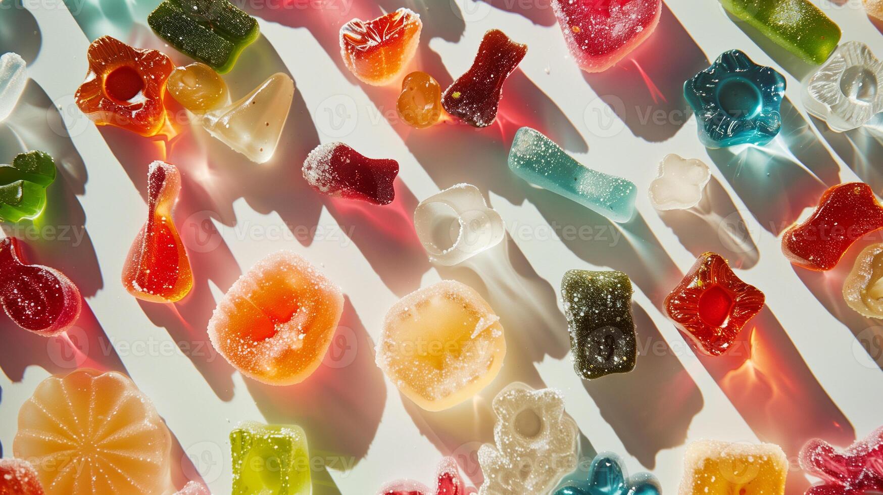 Assorted gummy candies in a loose cluster, displaying vibrant colors and forms, culinary photography photo