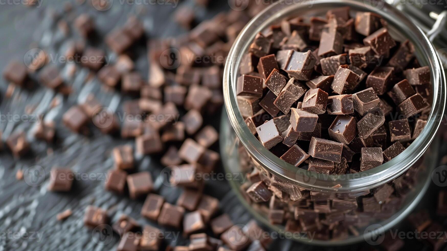 Close-up of a jar filled with chocolate jimmies, with some scattered nearby, gastronomy photography photo