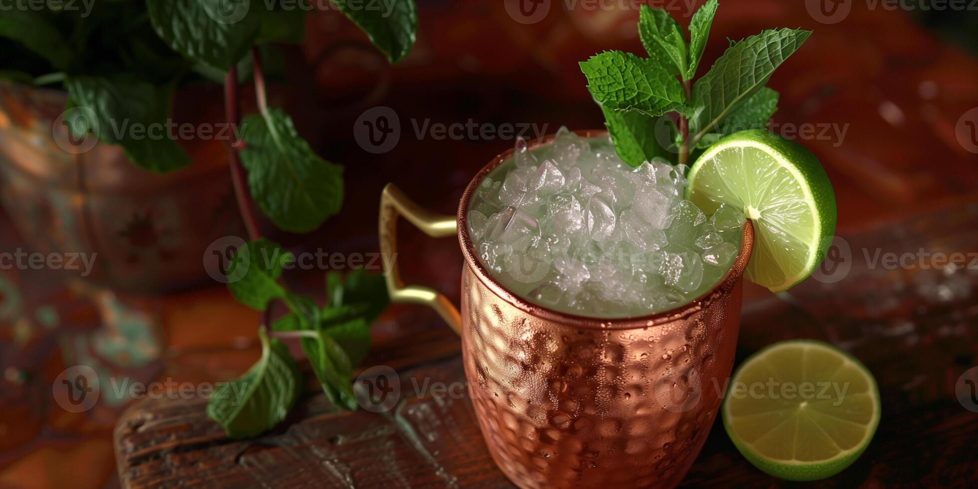 Copper mug with ice, clear liquid, lime wedge on rim, mint leaves, gastronomy photography photo