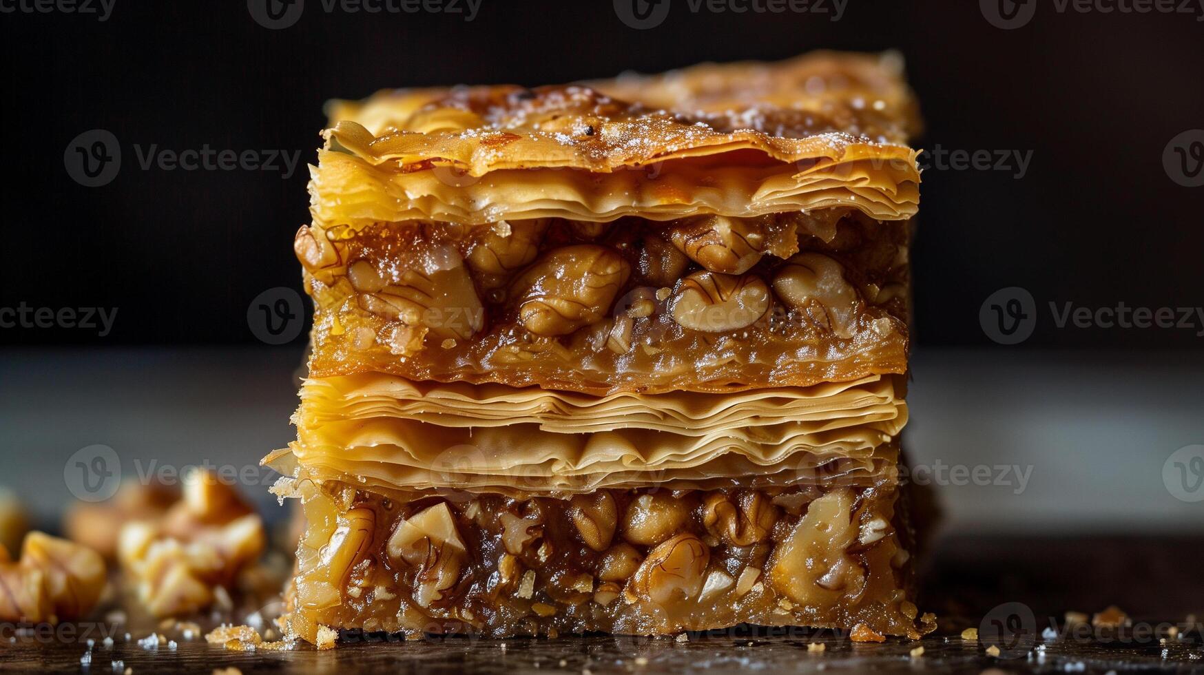 Cross-section view of baklava, showing pastry layers and sweet nut filling, gastronomy photography photo