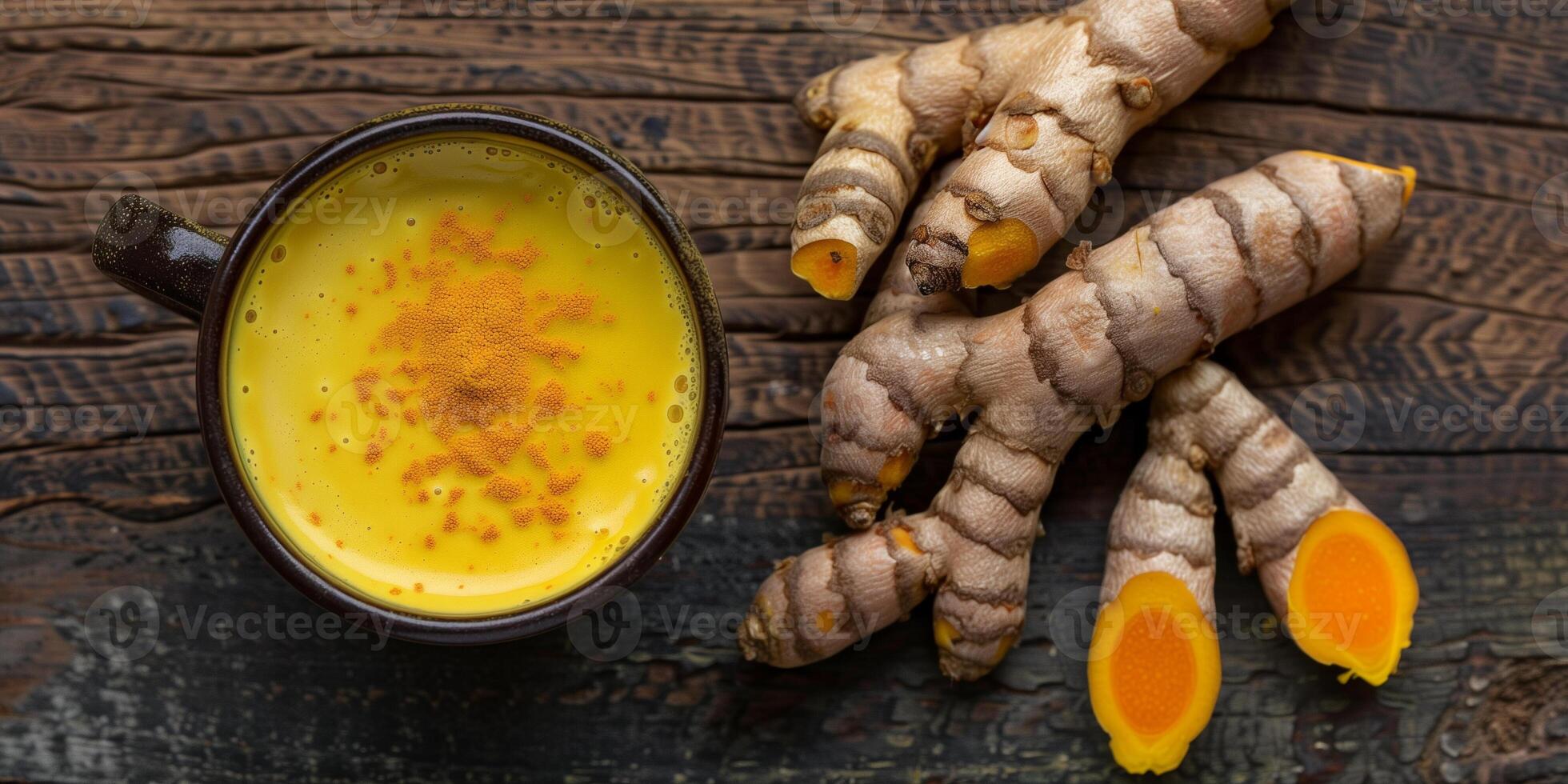 Cup of yellow liquid with frothy top on wooden table next to turmeric roots, gastronomy photography photo