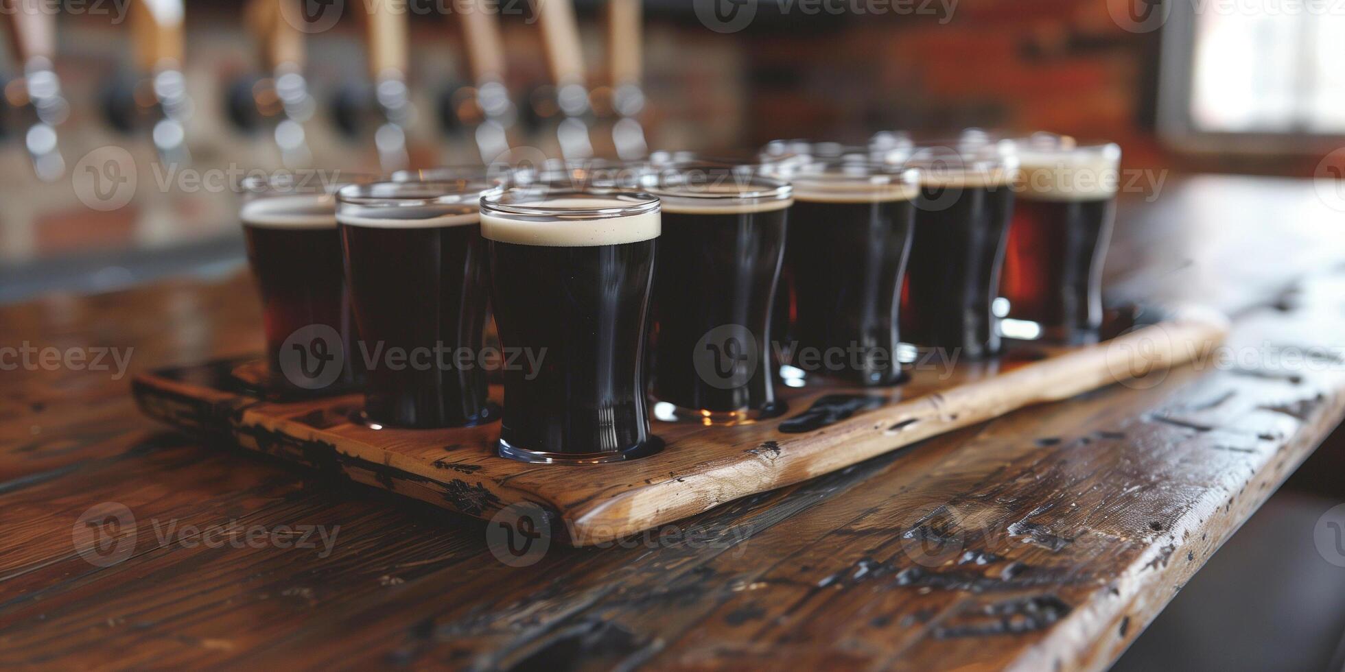 Flight of stout beers in small tasting glasses, lined up on a wooden board, photorealistic food photo