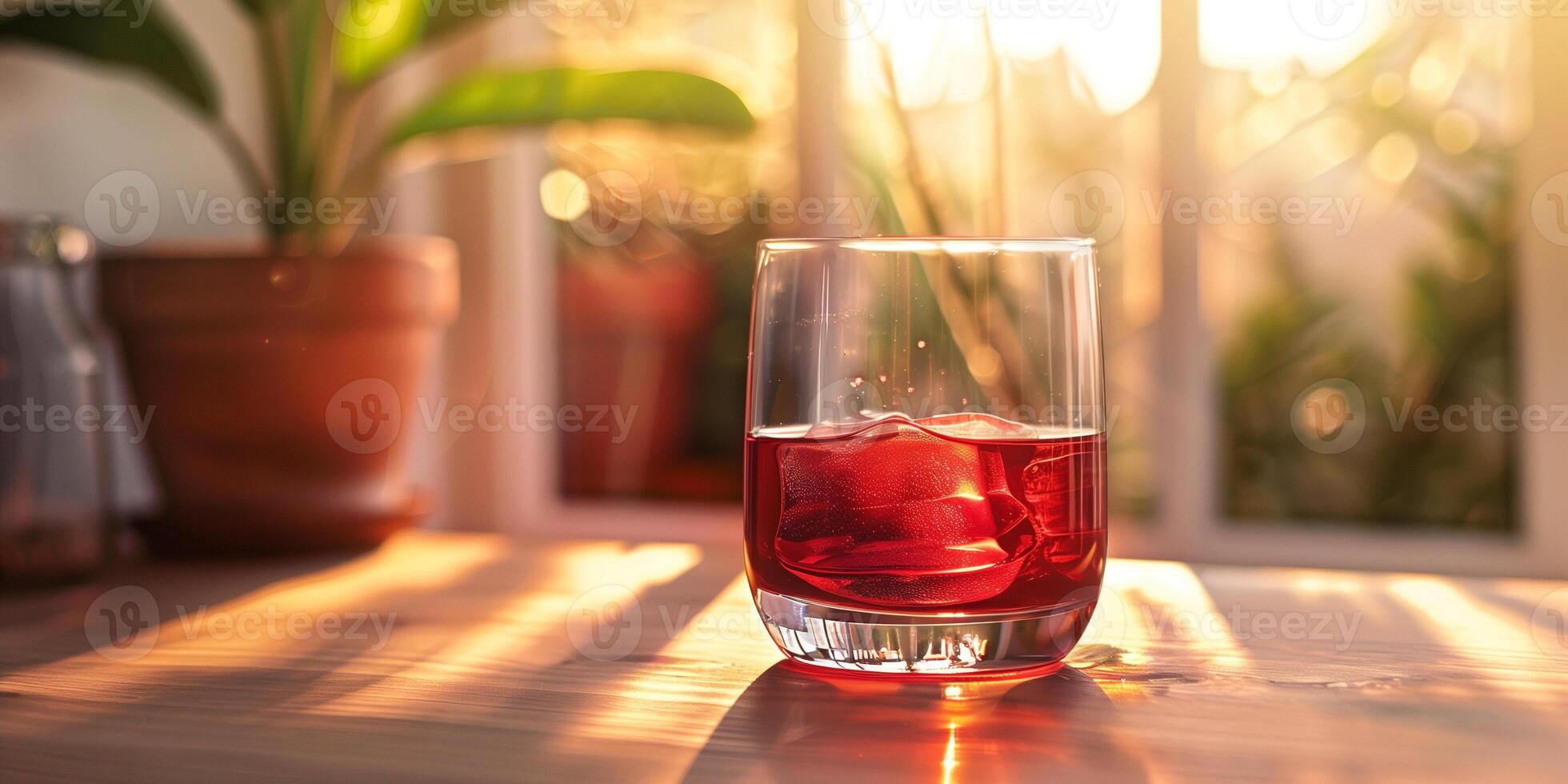 Glass of red liquid on a table, with a small potted plant in the background, photorealistic food photo