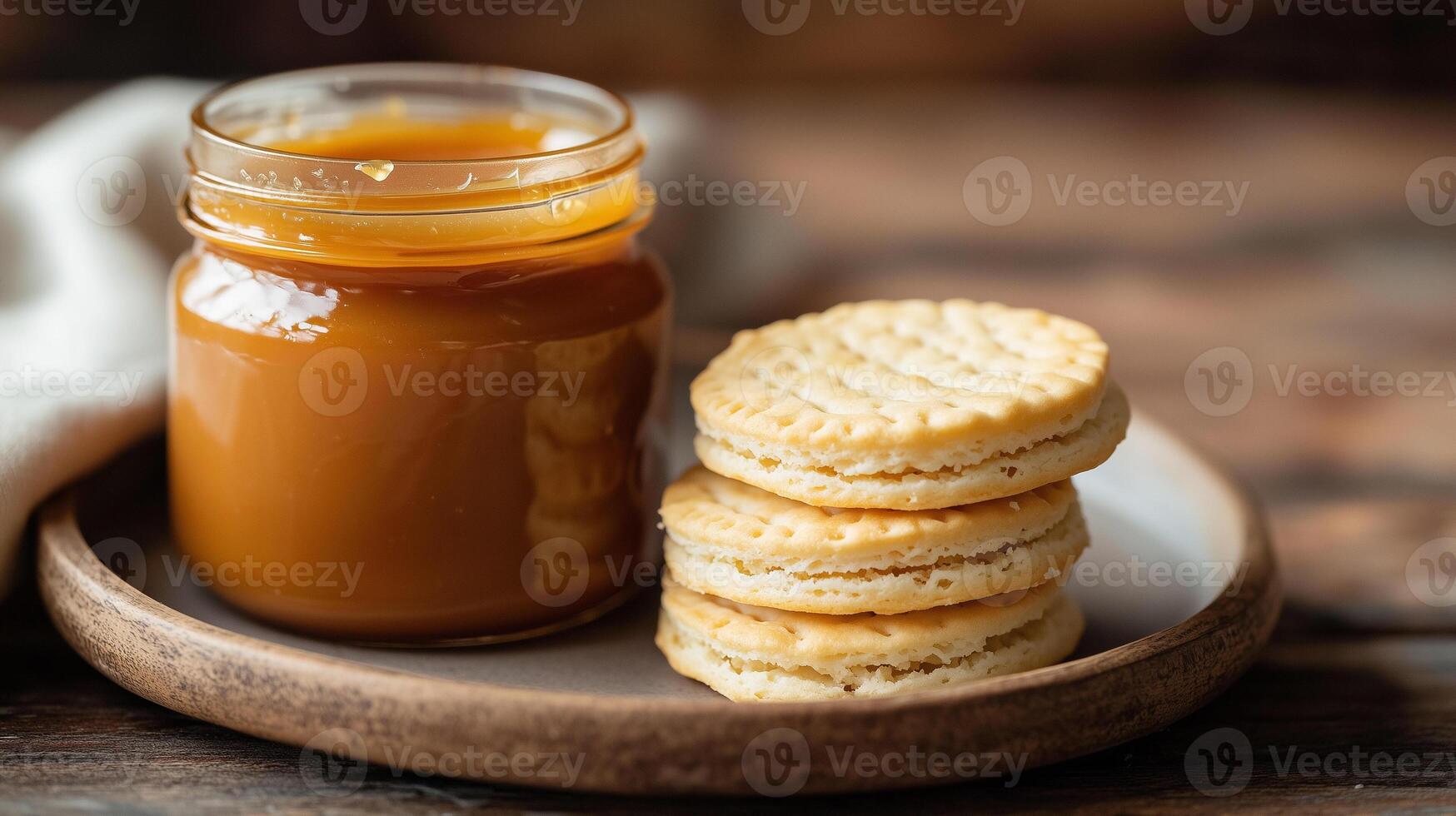 Jar of dulce de leche with lid open next to a stack of plain biscuits on a plate, photorealistic food photo