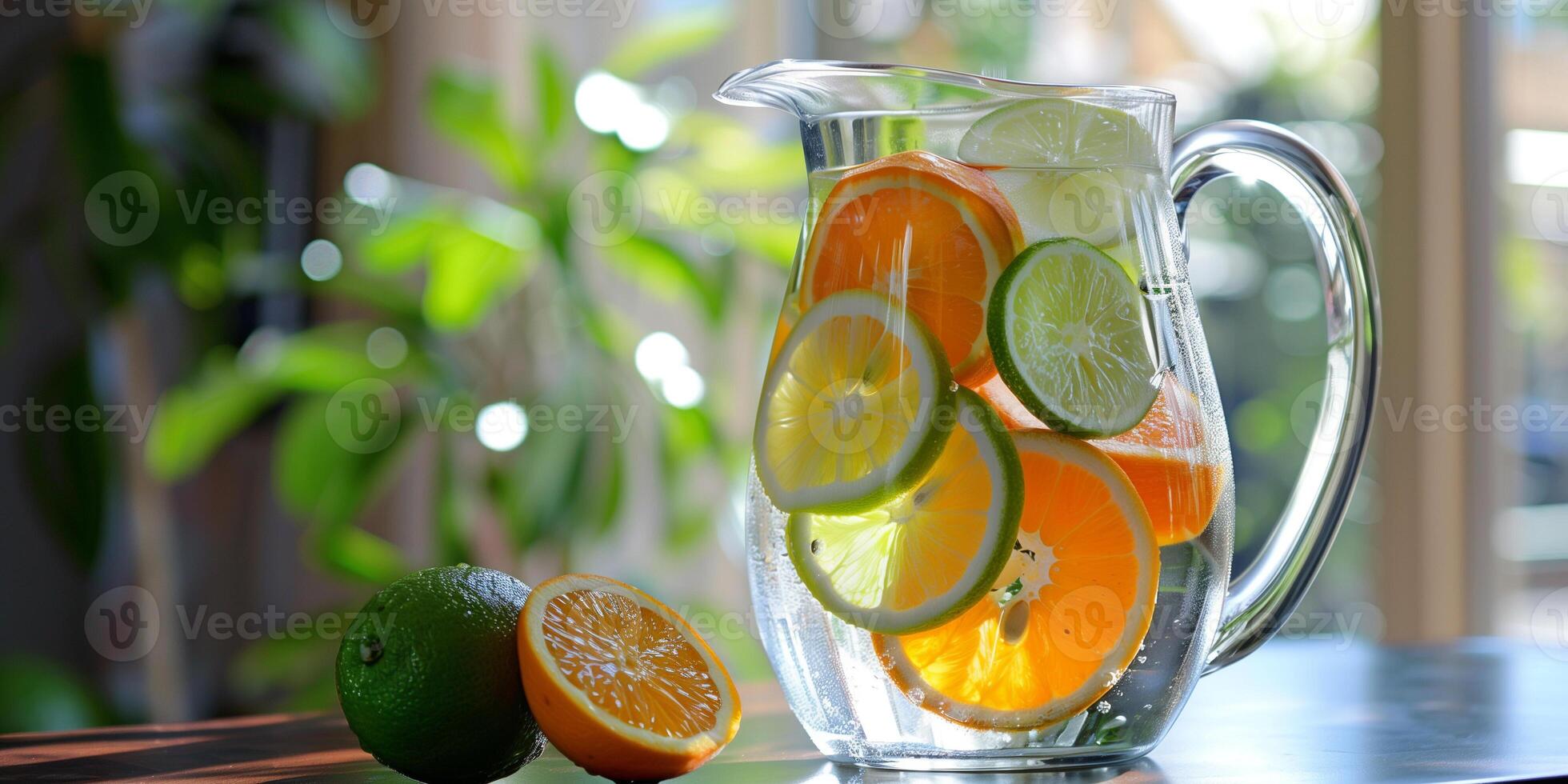 Glass pitcher with water and assorted citrus slices, including orange, lemon, and lime, gastronomy photography photo