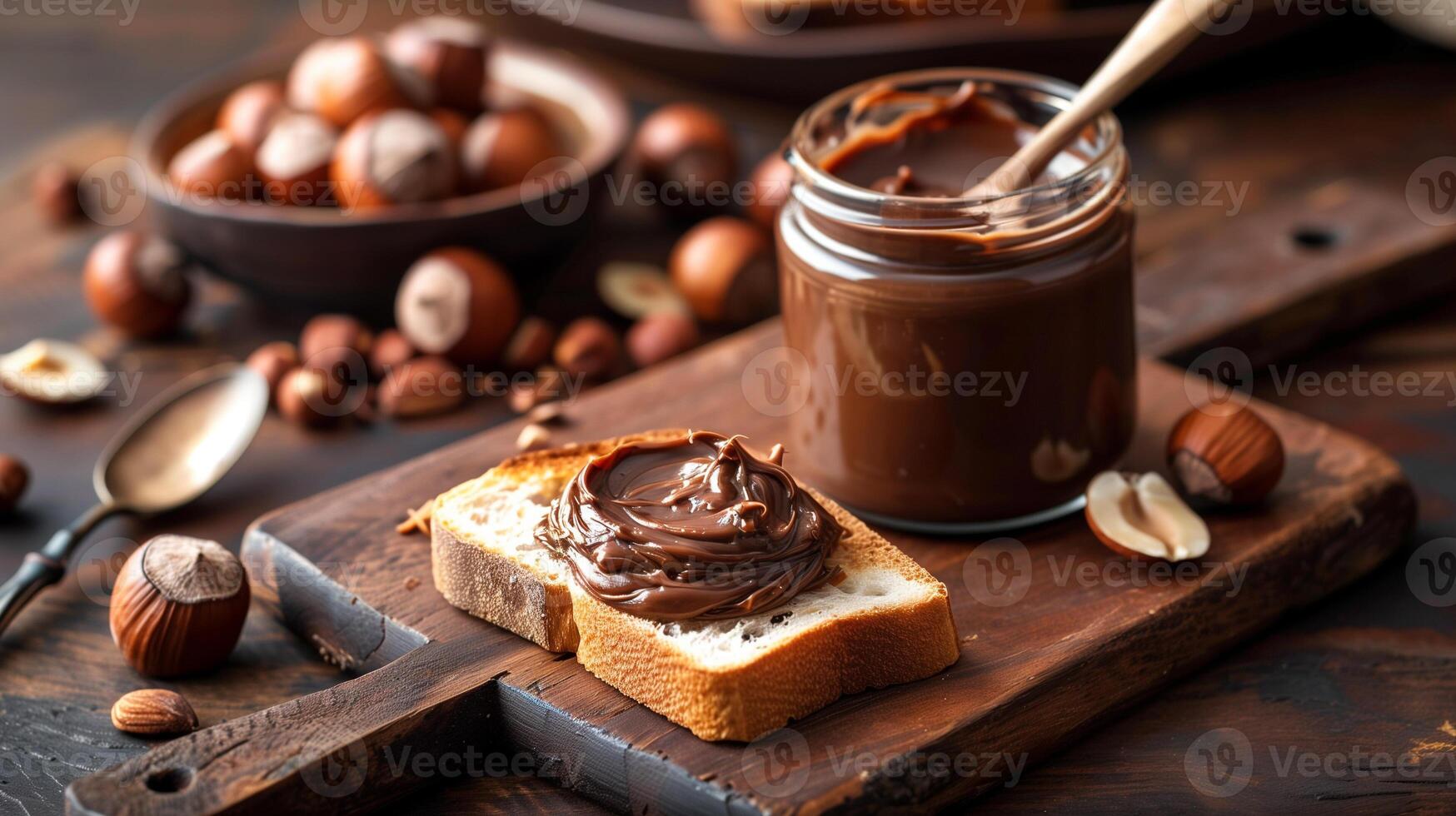 Jar of hazelnut spread with portion spread on toast on cutting board, gastronomy photography photo