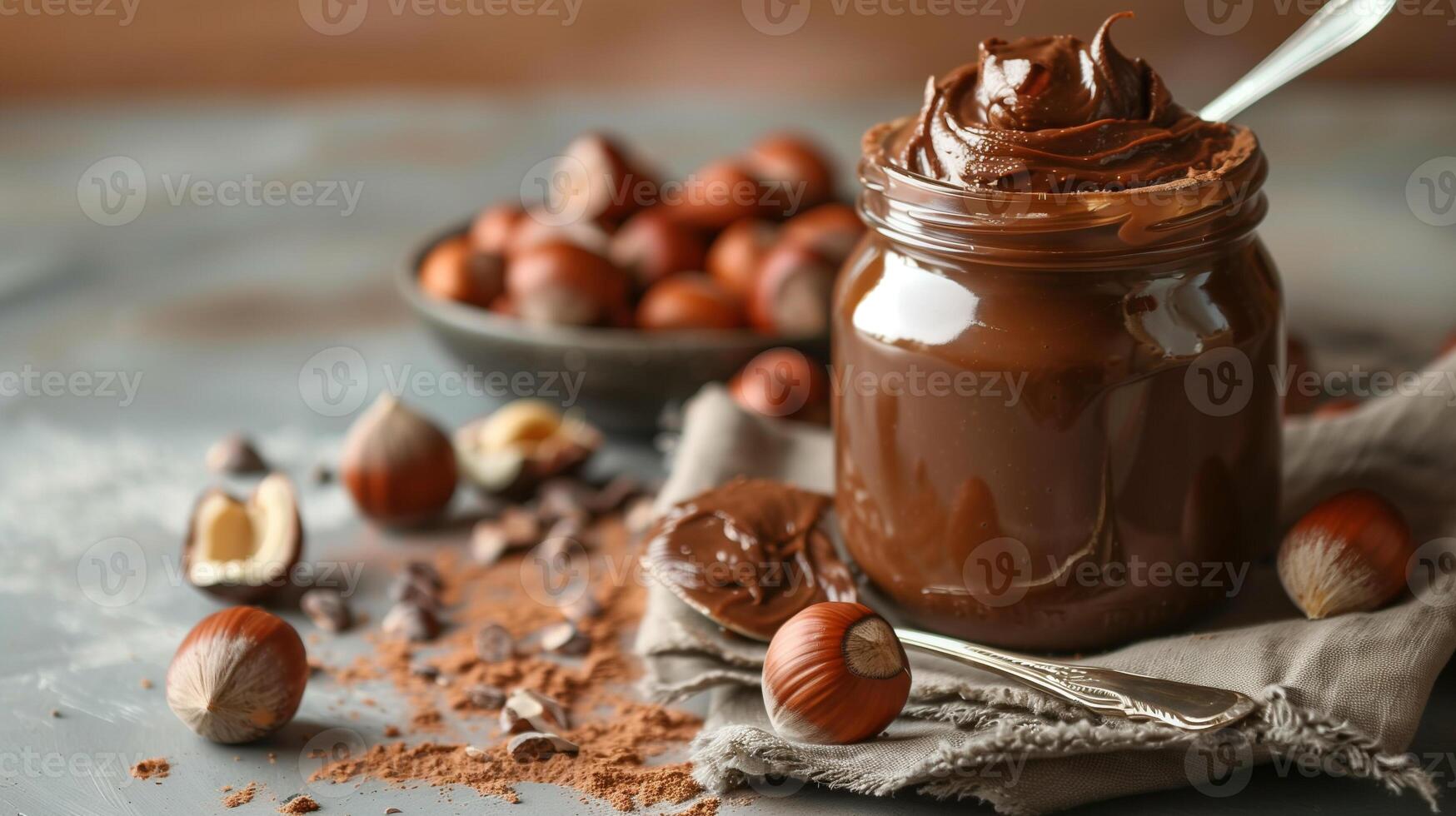 Jar of hazelnut spread on kitchen counter with spoon and napkin beside it, photorealistic food photo