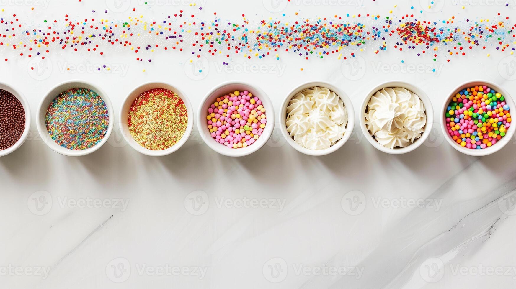 Neat row of small bowls containing different types of sprinkles arranged in a line, gastronomy photography photo