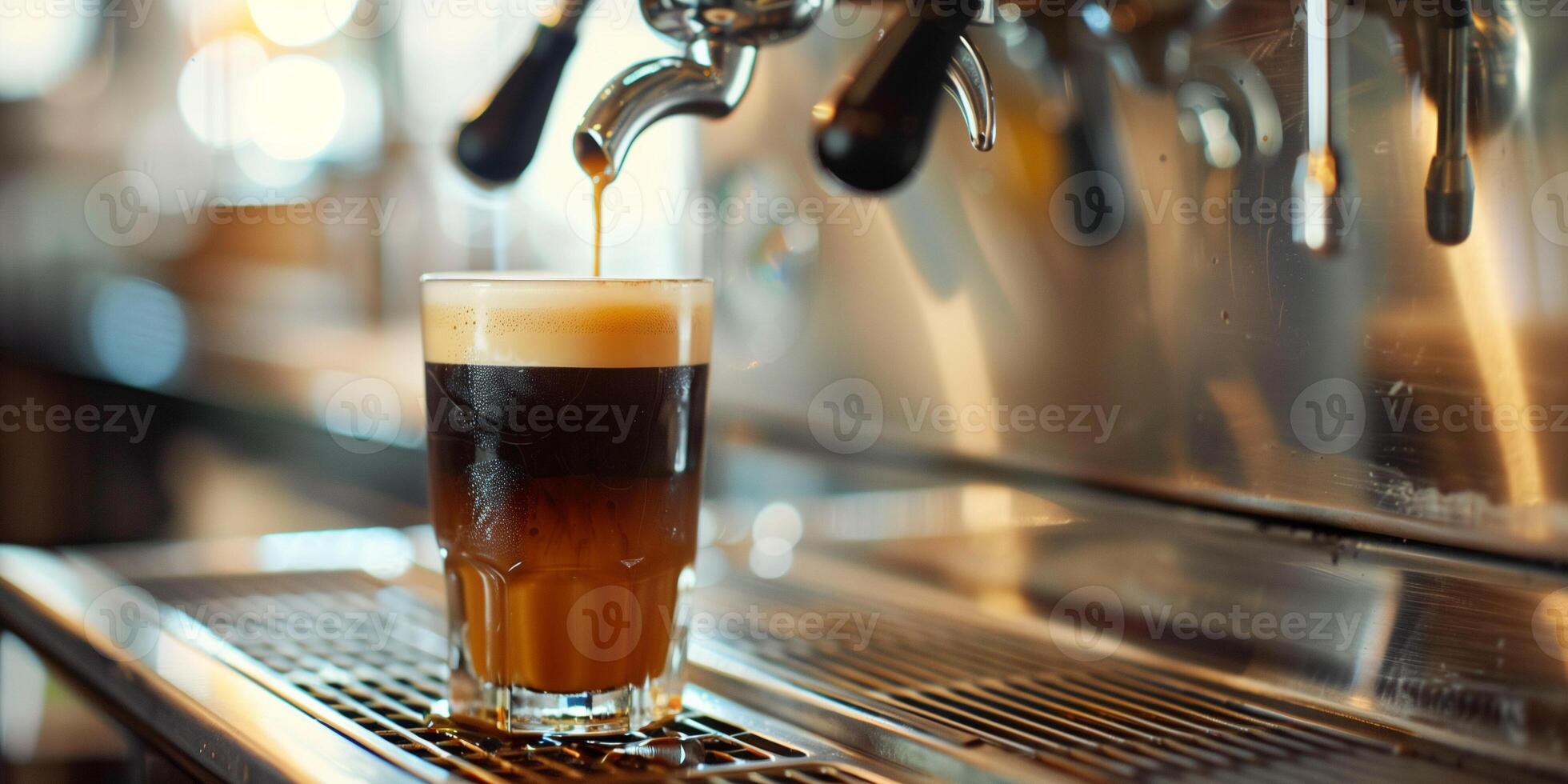 Nitro coffee tap pouring into a glass on a counter with a small drip tray, photorealistic food photo