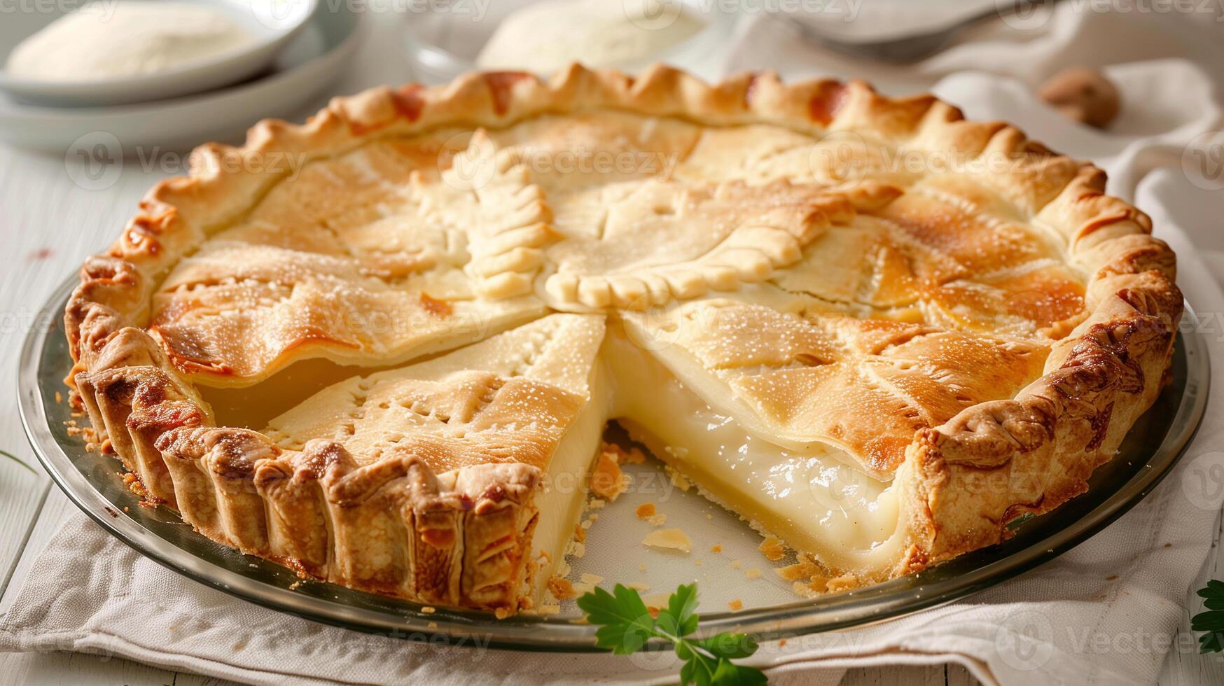 Pie with smooth top layer, fluted crust, and a slice removed, photorealistic food photo