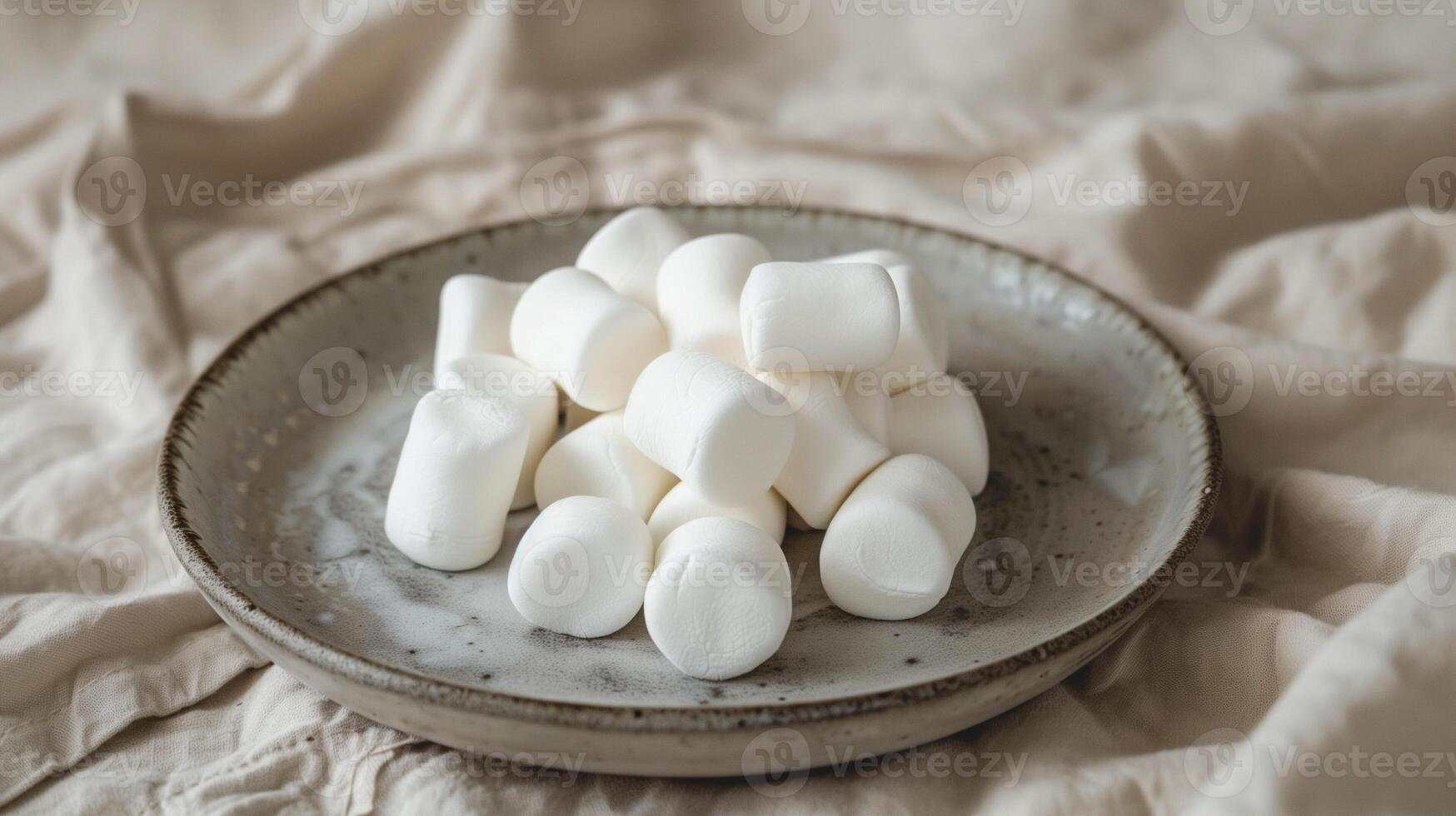 Pile of cylindrical, white marshmallows on a ceramic plate, on a plain tablecloth, gastronomy photography photo