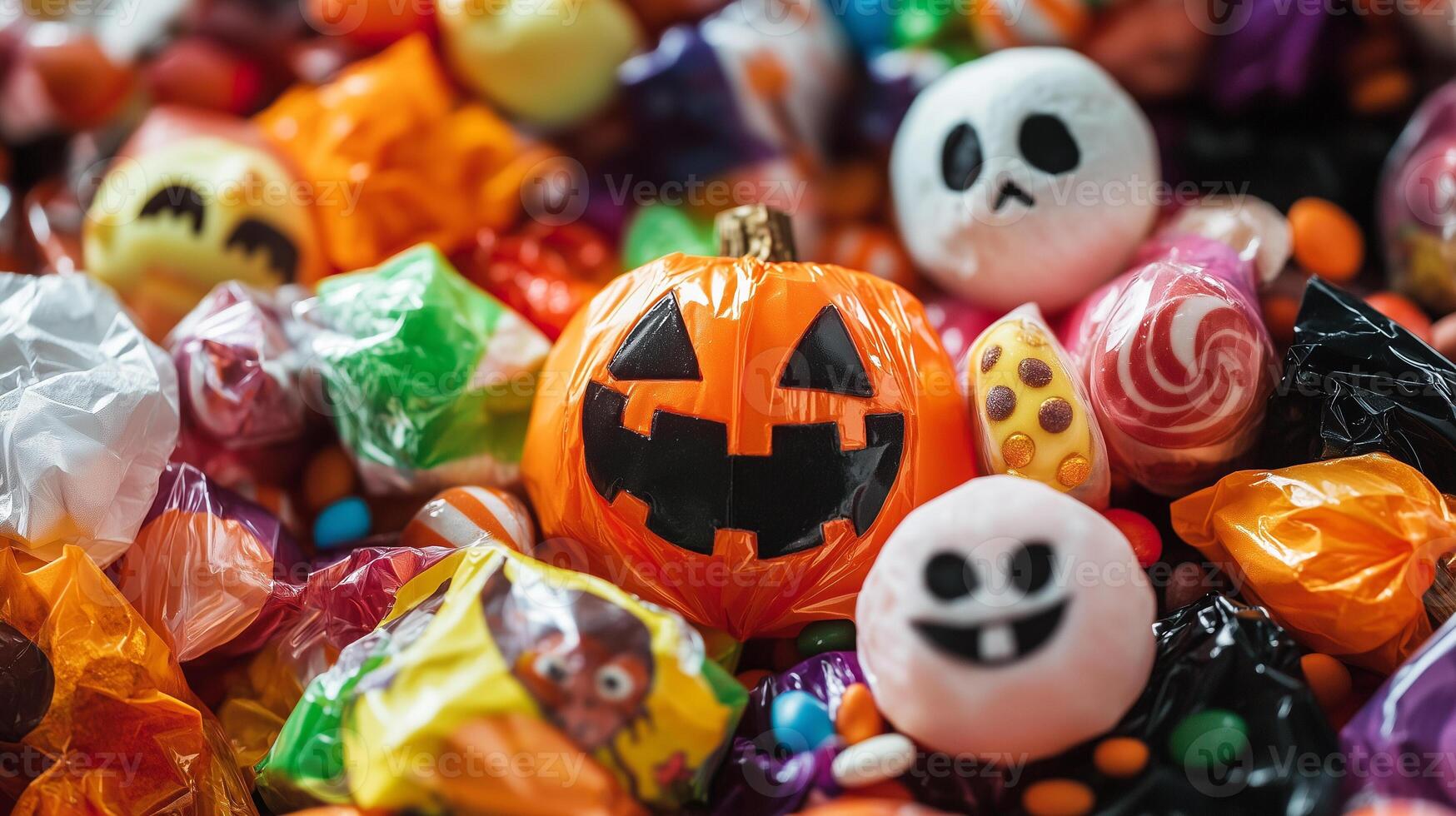 Pile of assorted Halloween candy bags showcasing hard and soft sweets with seasonal themes, photorealistic food photo