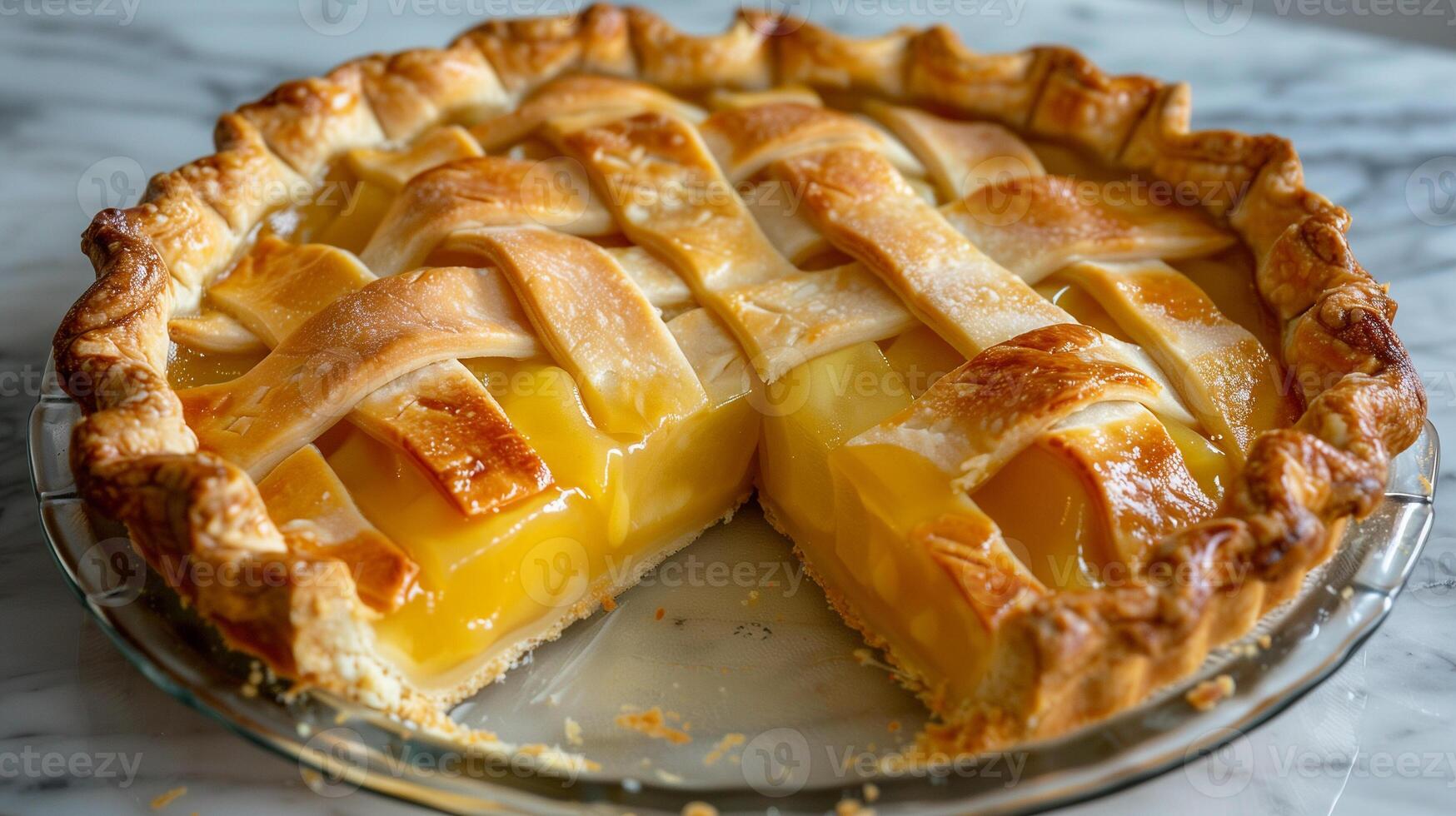 Pie with uniform crust edge, thick filling, and a section cut away, gastronomy photography photo