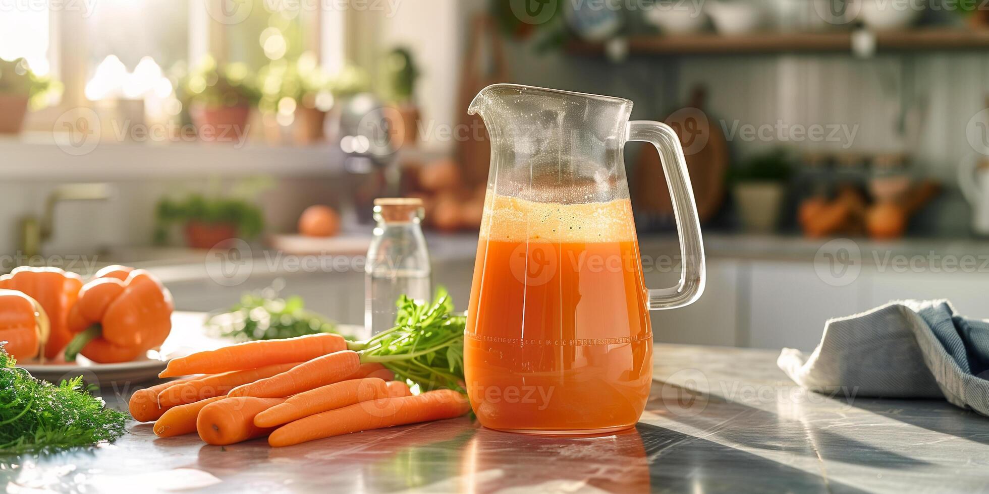 Pitcher of cold-pressed carrot juice on a kitchen island, surrounded by fresh carrots and carrot sticks, photorealistic food photo