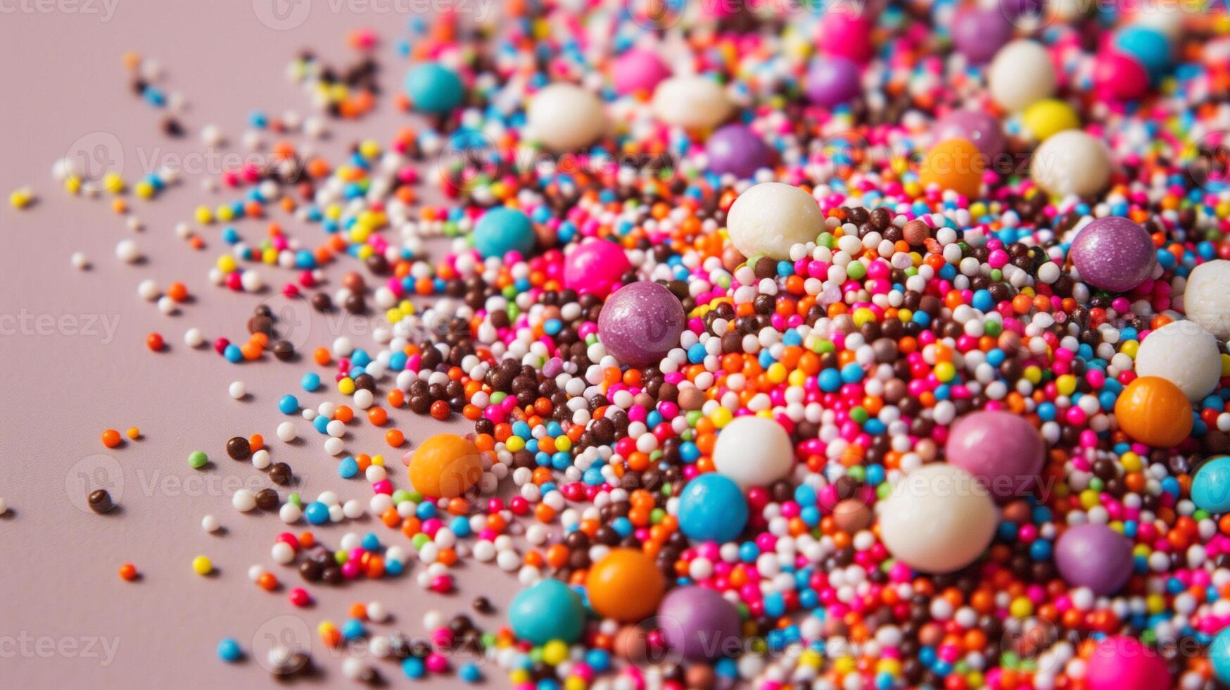 Pile of various sprinkles spilled over a plain, neutral-colored surface, photorealistic food photo