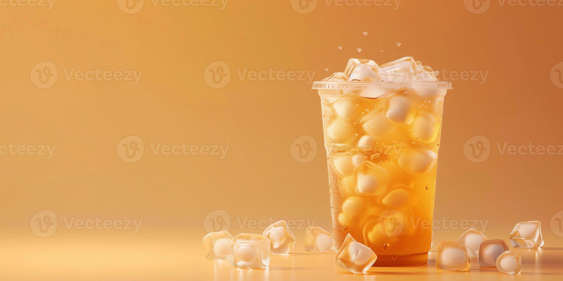 Transparent cup of yellow tea with floating white tapioca pearls and ice cubes, photorealistic food photo