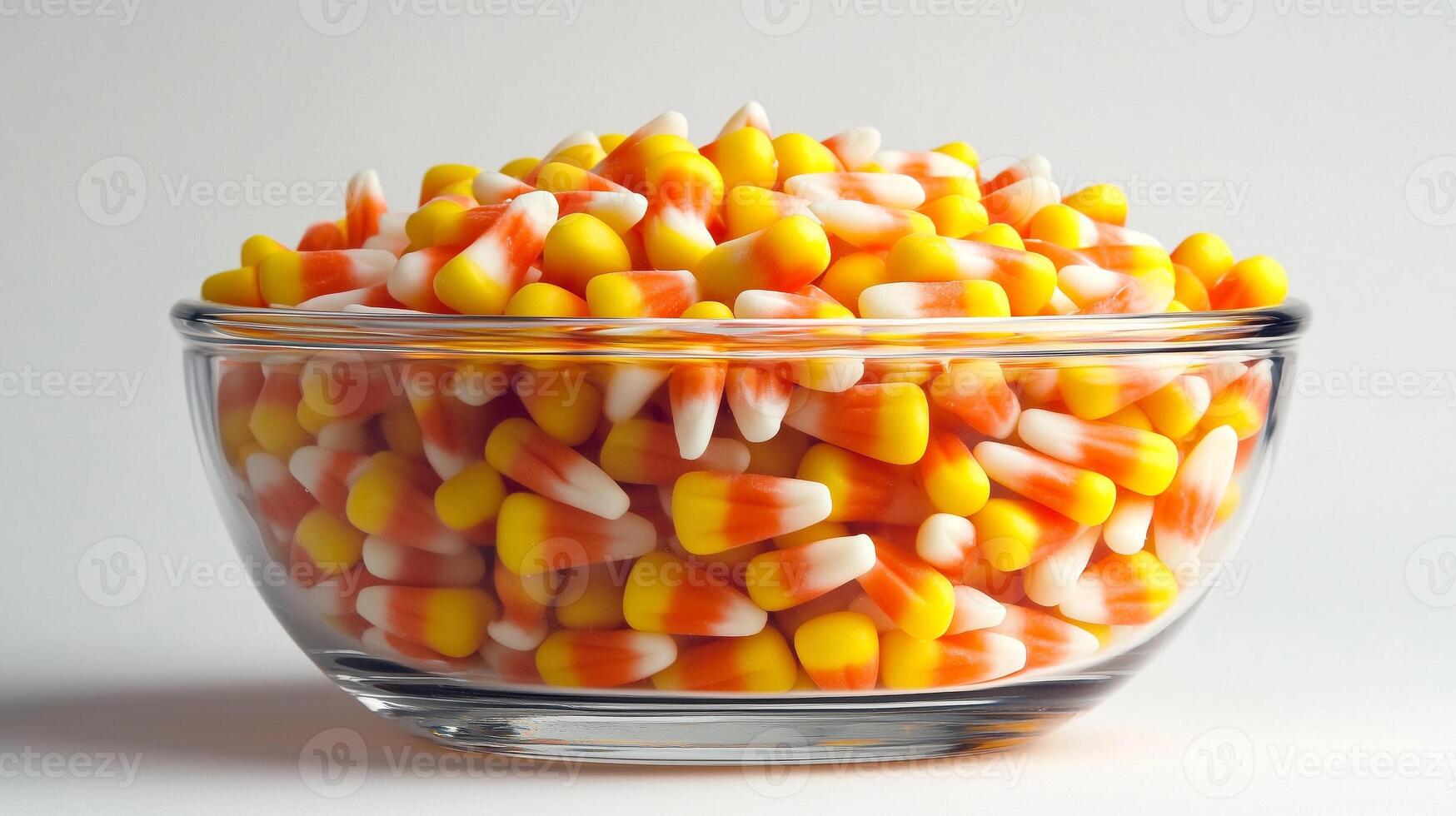 Transparent bowl overflowing with candy corn, the tricolored pieces clearly visible and evenly mixed, gastronomy photography photo